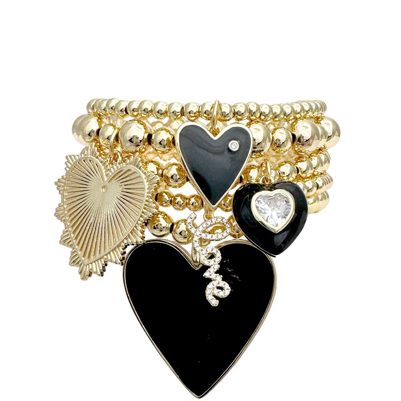 Valentina heart bracelet stack with glossy enamel heart charms and gold beaded stretch bracelets Love Lisa