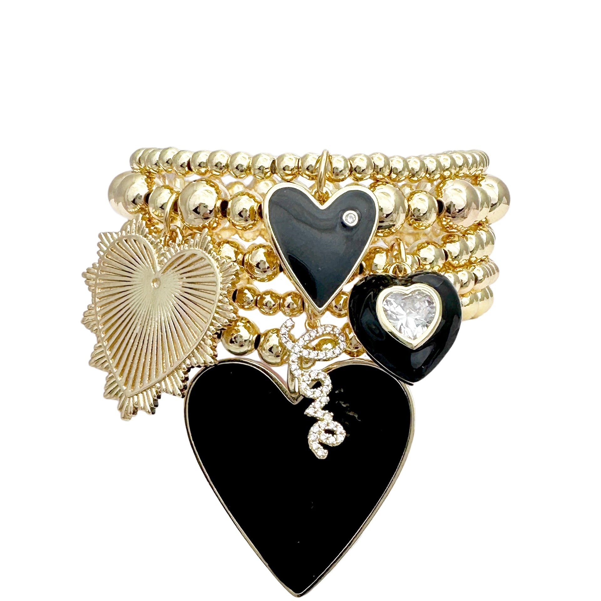 Valentina heart bracelet stack with glossy enamel heart charms and gold beaded stretch bracelets Love Lisa