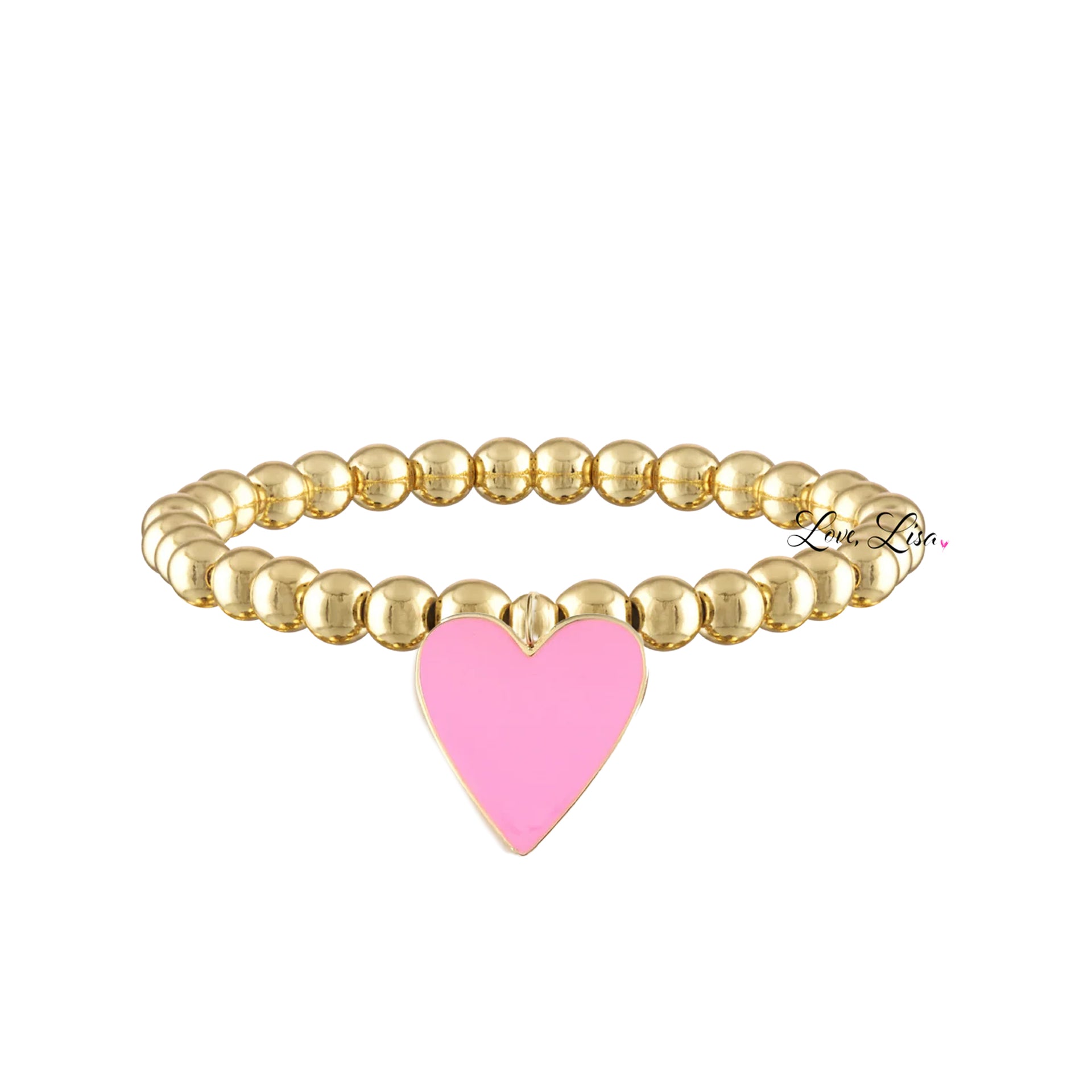 Large pink enamel heart bracelet with gold beaded stretch design statement jewelry