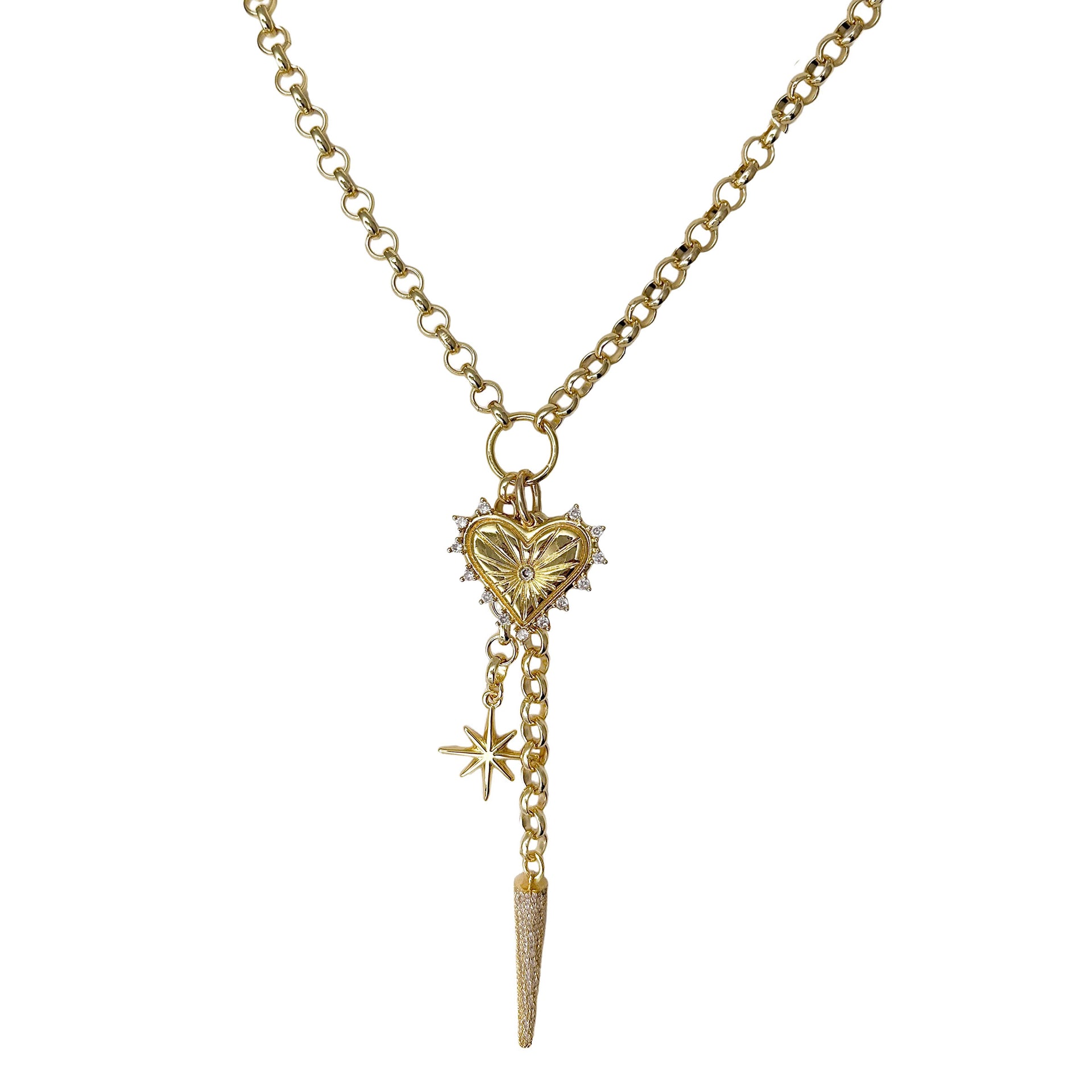 Valentina Love Necklace gold finish featuring symbolic heart and north star charms