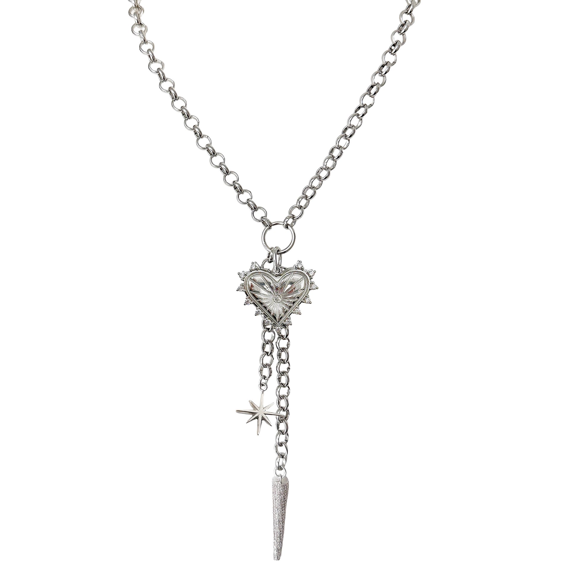 Valentina Love Necklace silver finish with heart north star and pavé dagger charm detail