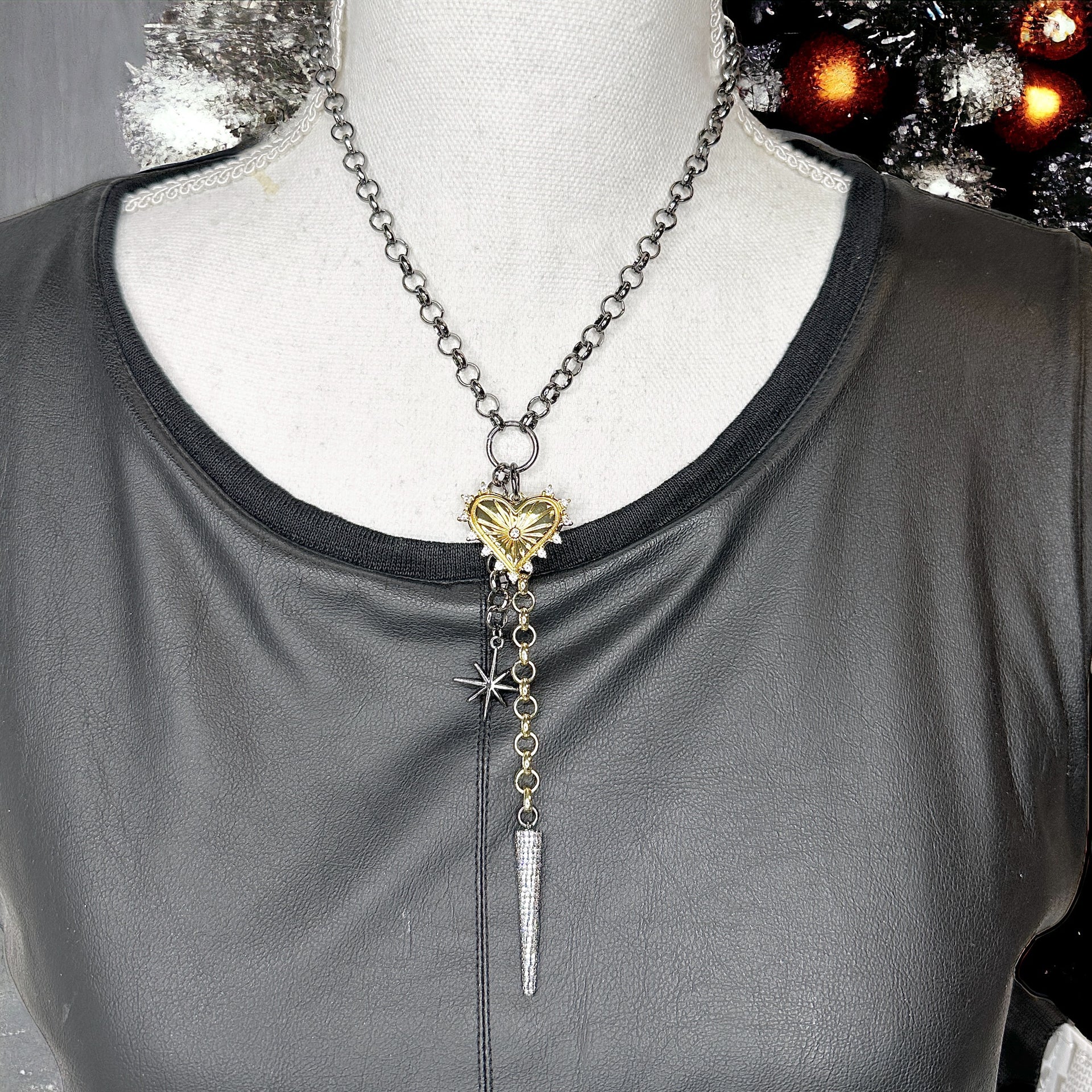 Valentina Love Necklace tri color mixed metal charm necklace with pavé dagger accent