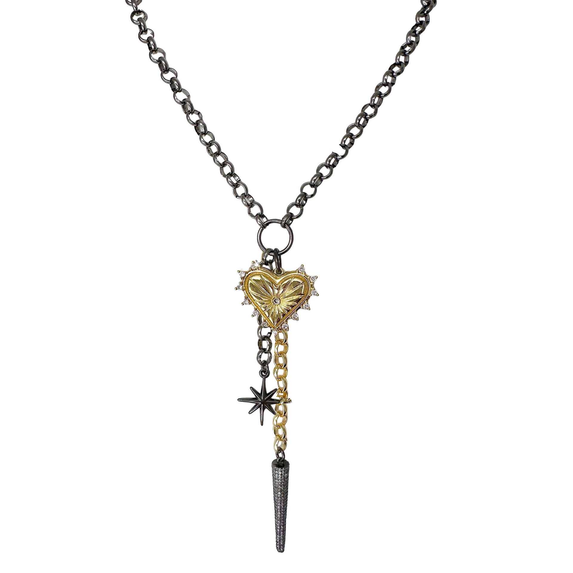 Love Lisa Valentina Love Necklace in gunmetal featuring mixed metal colors  heart north star and pavé dagger charm statement necklace
