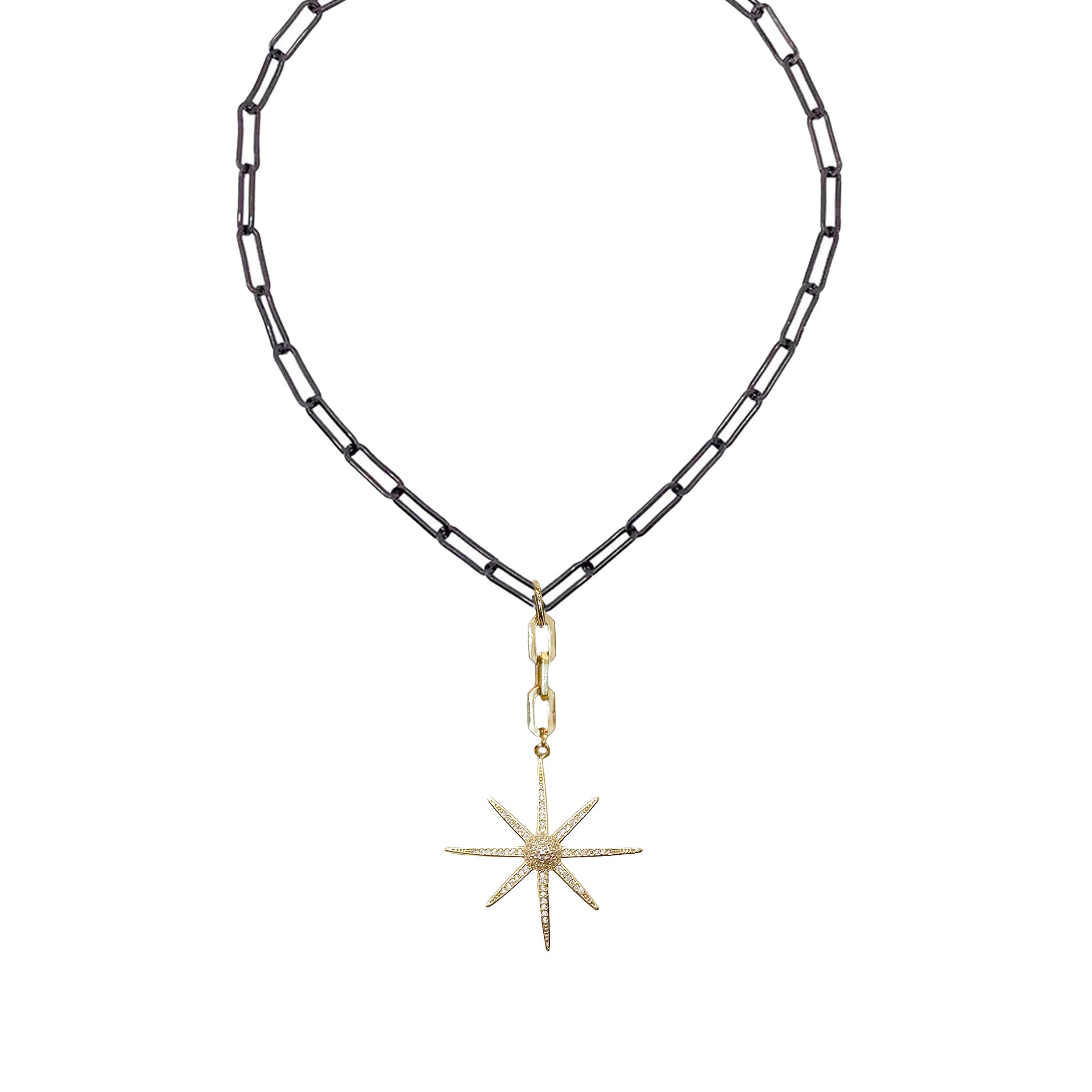 Valentina Northstar Directional Necklace gunmetal gold mixed metal paperclip chain with north star pendant