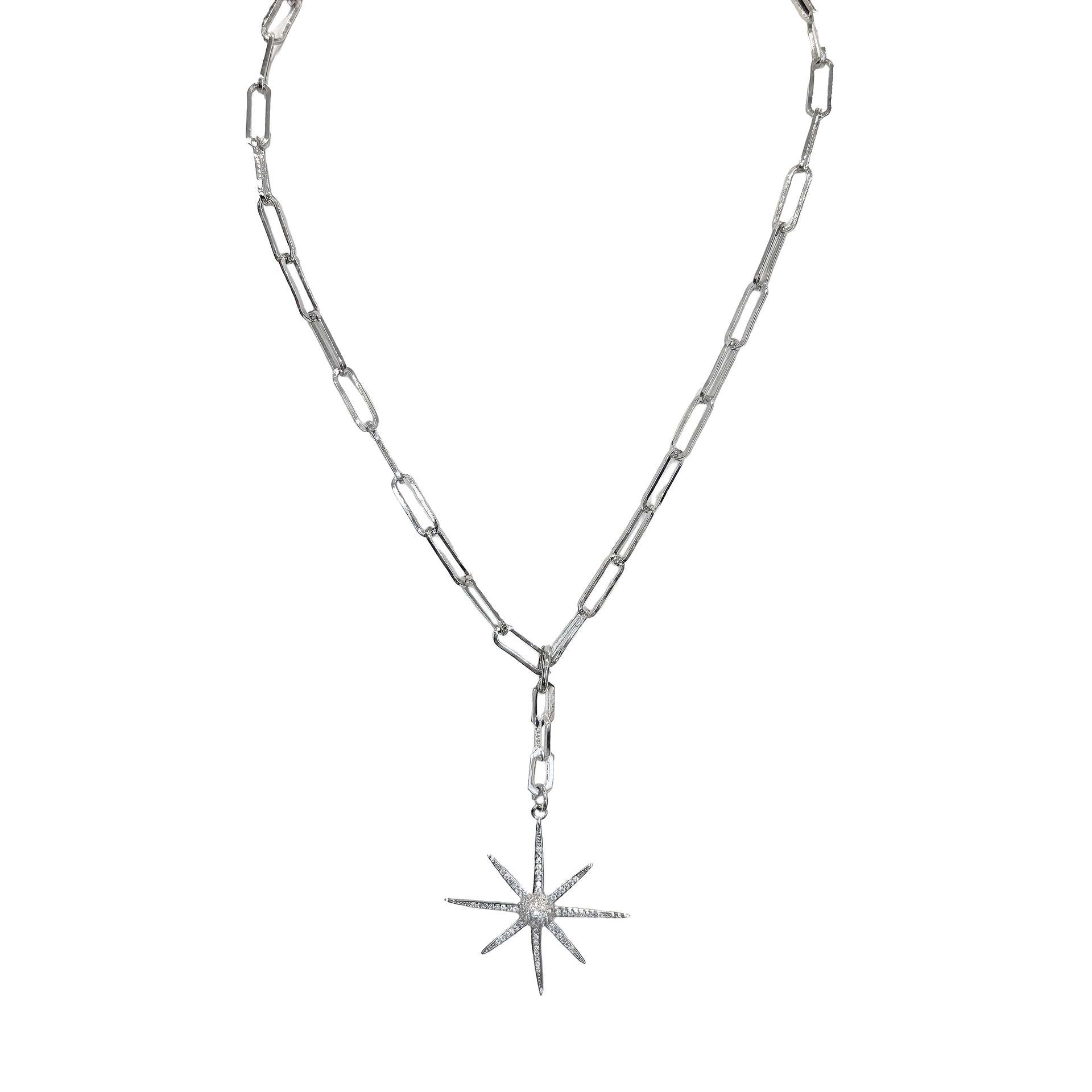 Valentina Northstar Directional Necklace silver finish featuring north star charm on paperclip chain