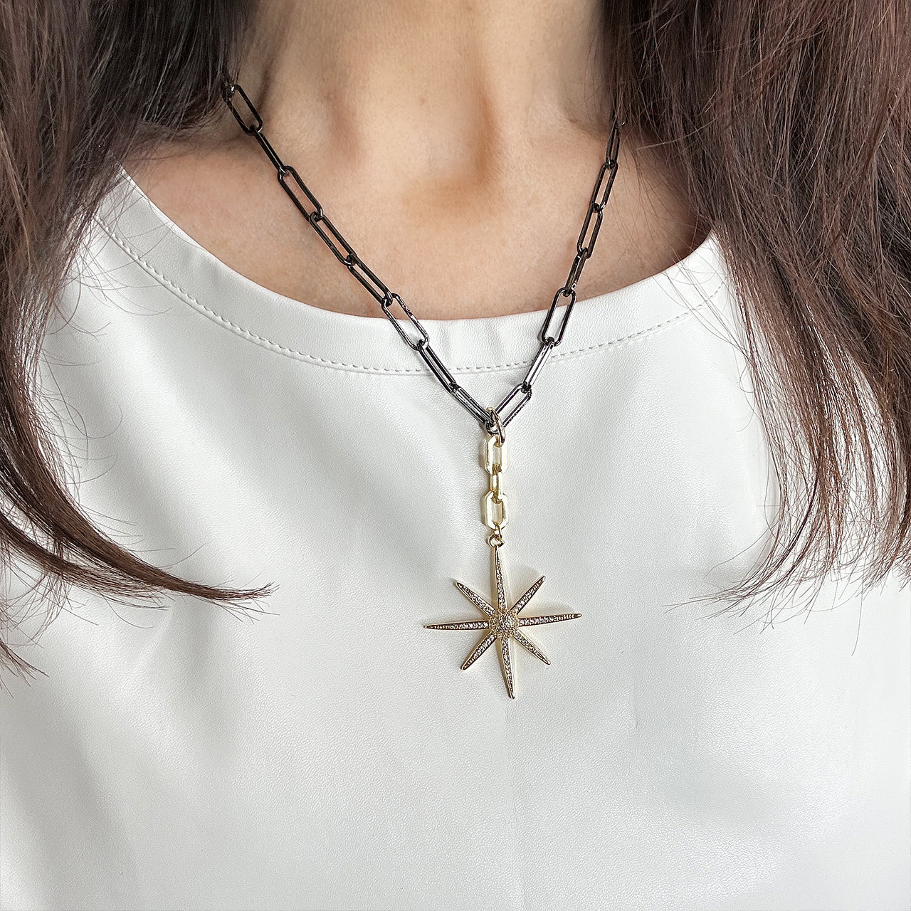 Love Lisa Valentina Northstar Directional Necklace styled on model showing 18 inch paperclip chain length and centered pendant