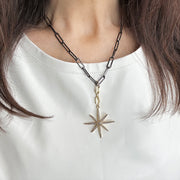 Love Lisa Valentina Northstar Directional Necklace styled on model showing 18 inch paperclip chain length and centered pendant