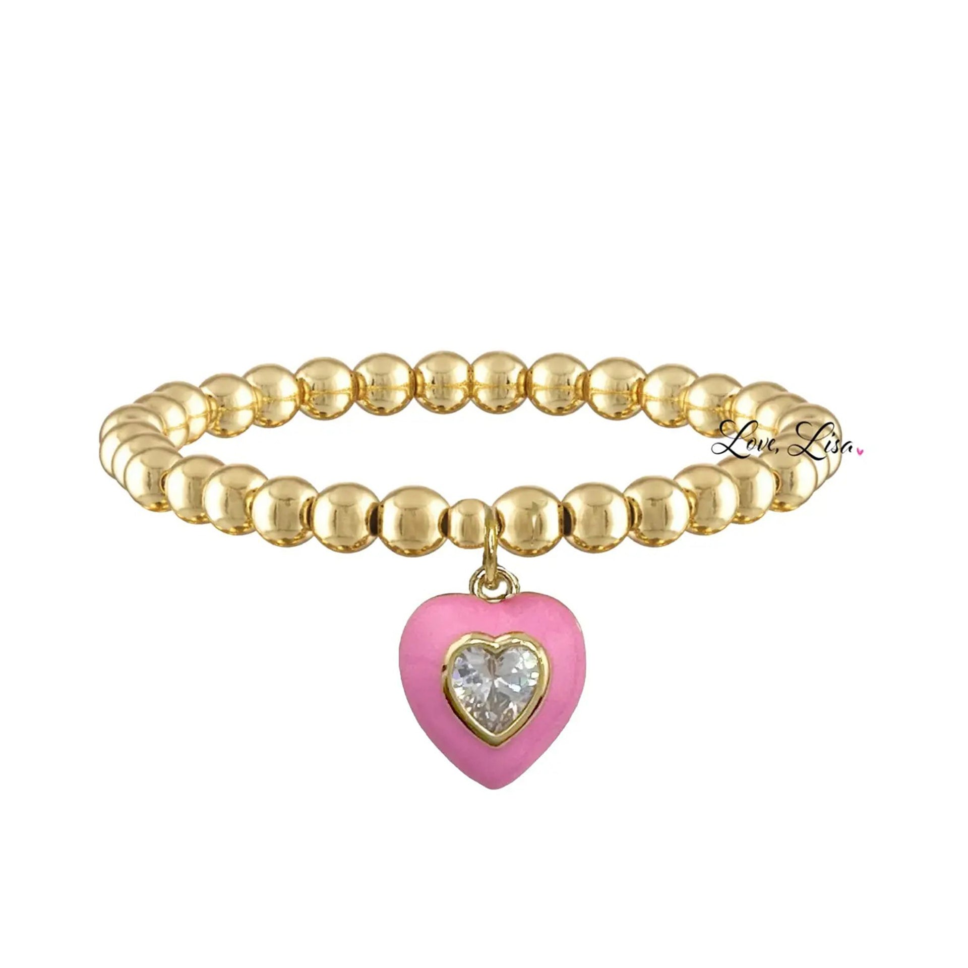 Pink stone heart stretch bracelet with gold beads from Valentina heart bracelet collection