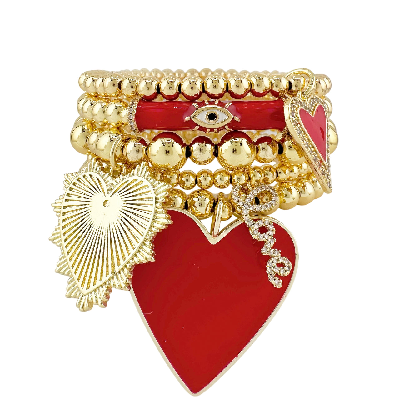 A set of multi-layered bracelets featuring glossy enamel hearts and shimmering gold accents, displayed on a white background.
