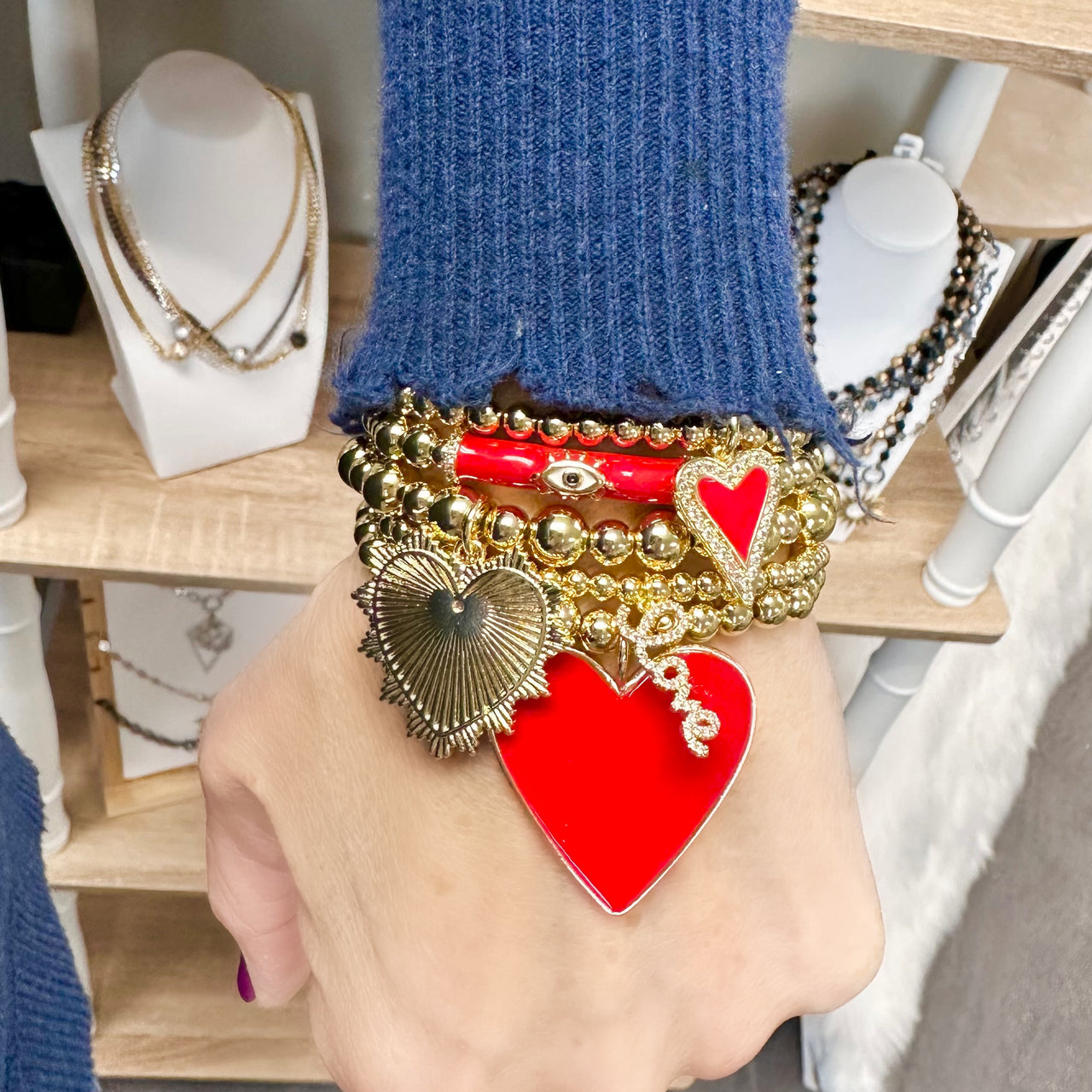 Love Lisa Valentina RED Love Heart bracelet stack shown on wrist

