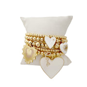 White enamel heart bracelet with gold beaded stretch design elegant heart jewelry