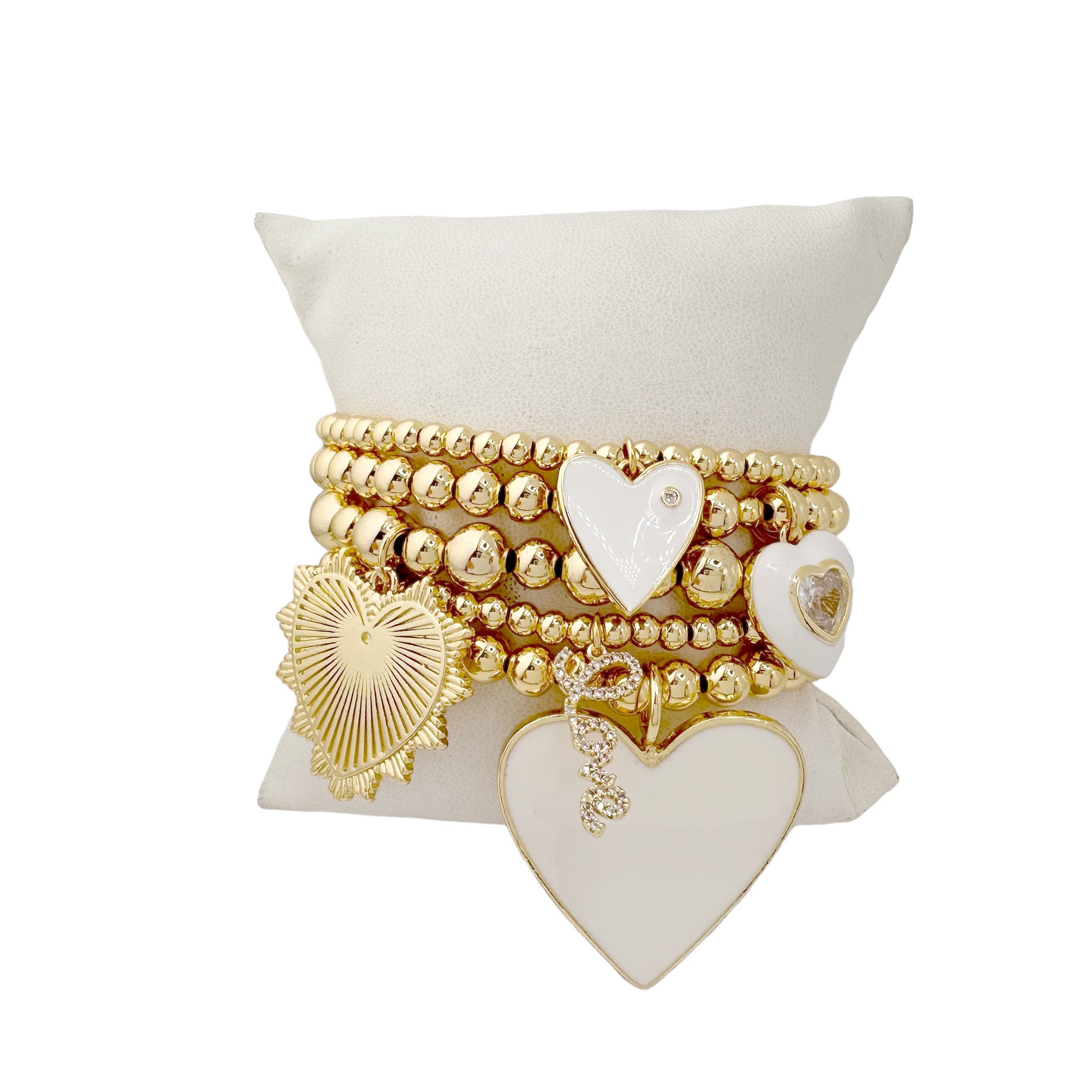 White enamel heart bracelet with gold beaded stretch design elegant heart jewelry