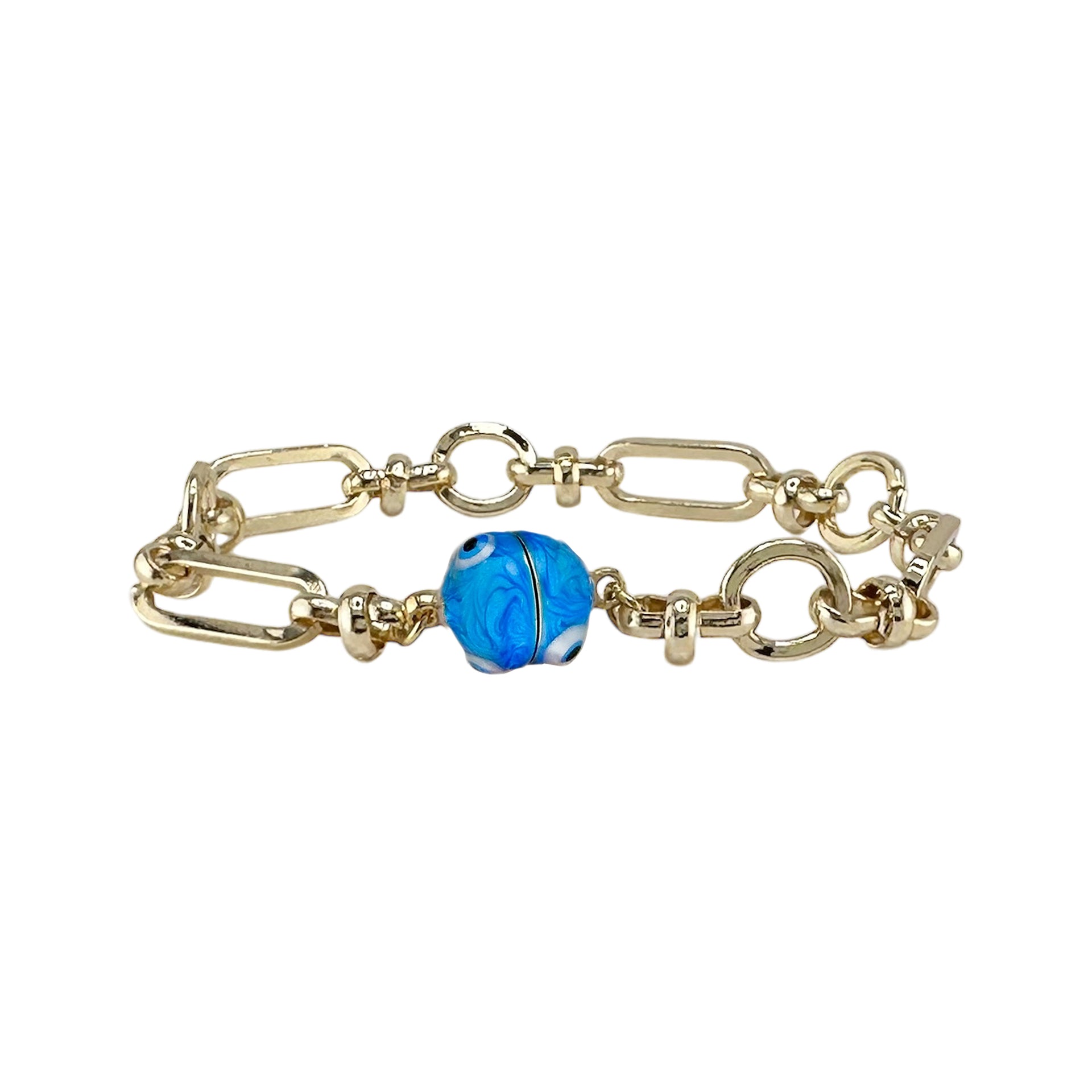 Valeria evil eye magnetic chain link bracelet light blue enamel bead protection charm