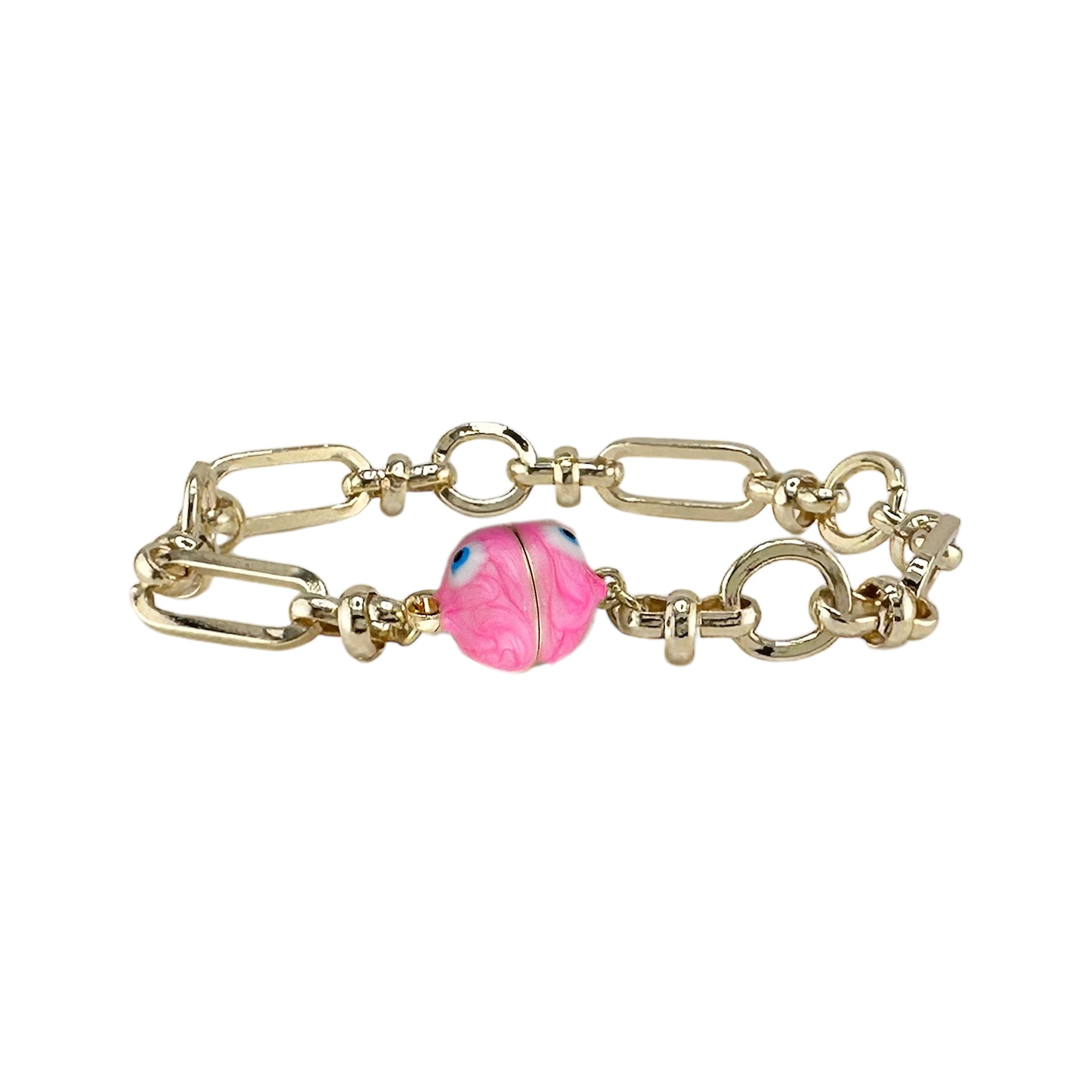 Valeria evil eye magnetic chain link bracelet pink enamel bead modern protection jewelry