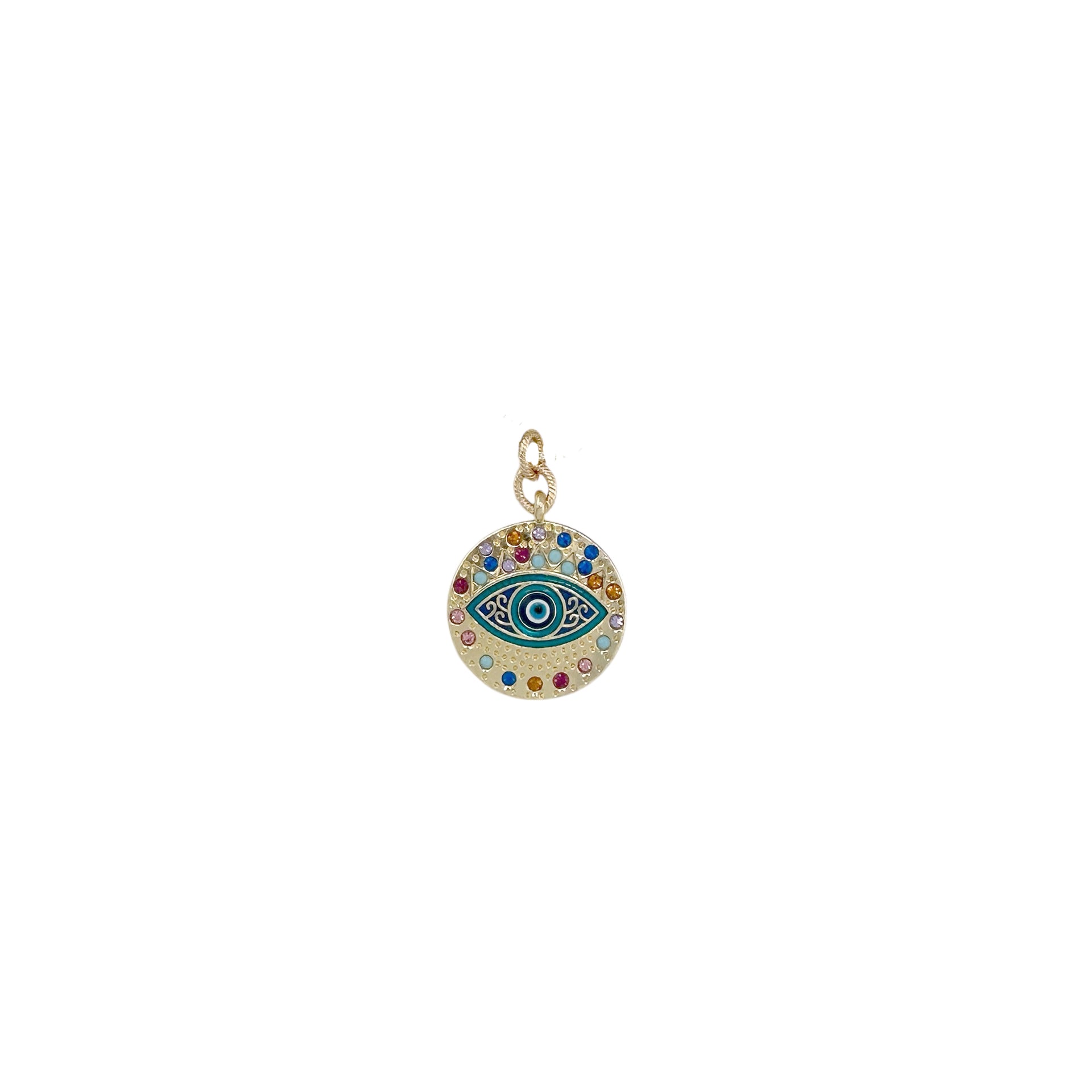 Vera royal blue evil eye charm with multicolor stones and gold setting

