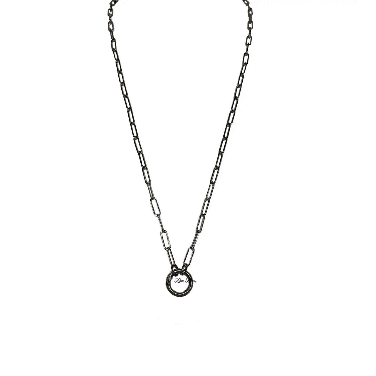 A black paperclip chain necklace with a secure clasp designed to hold glasses or charms.