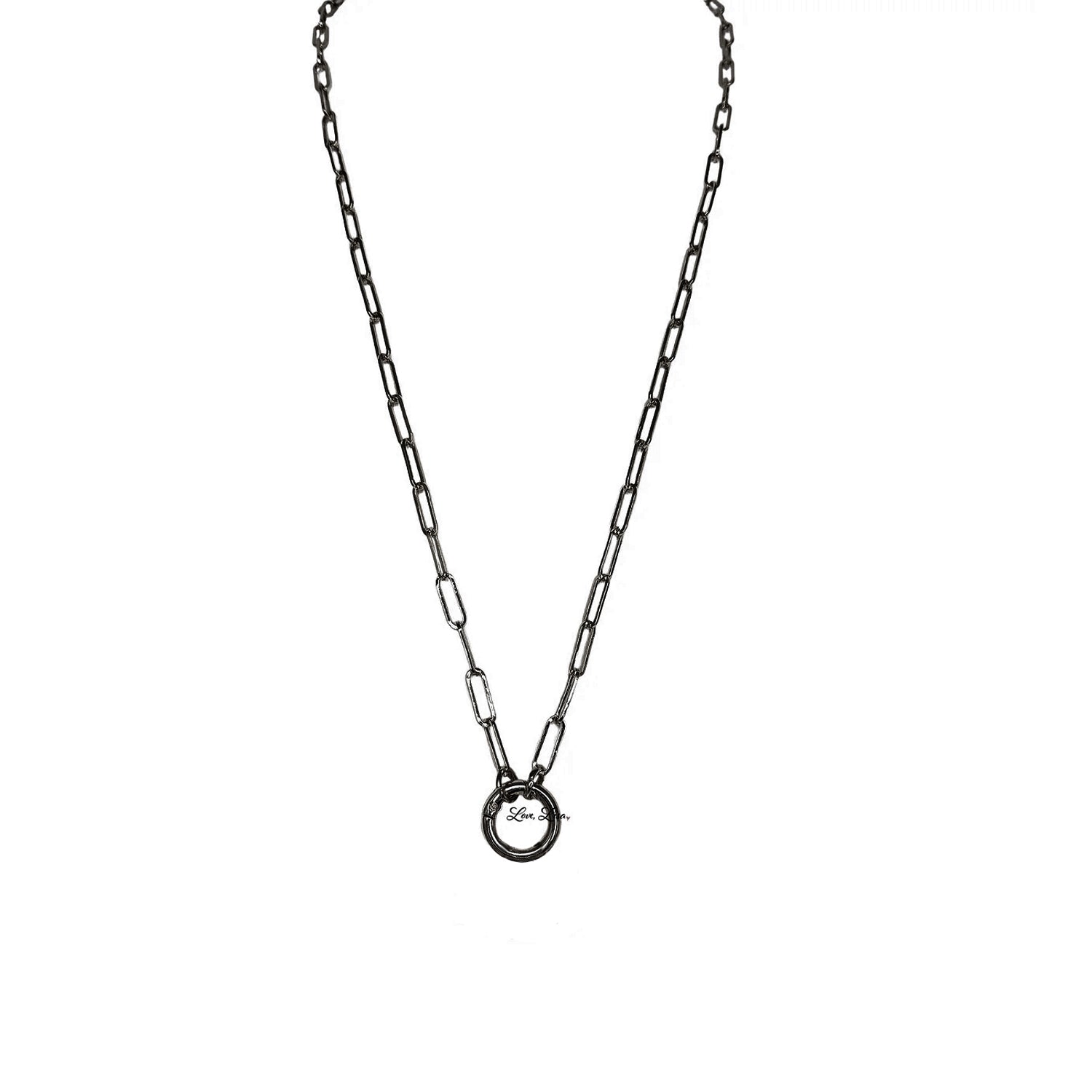 A black paperclip chain necklace with a secure clasp designed to hold glasses or charms.