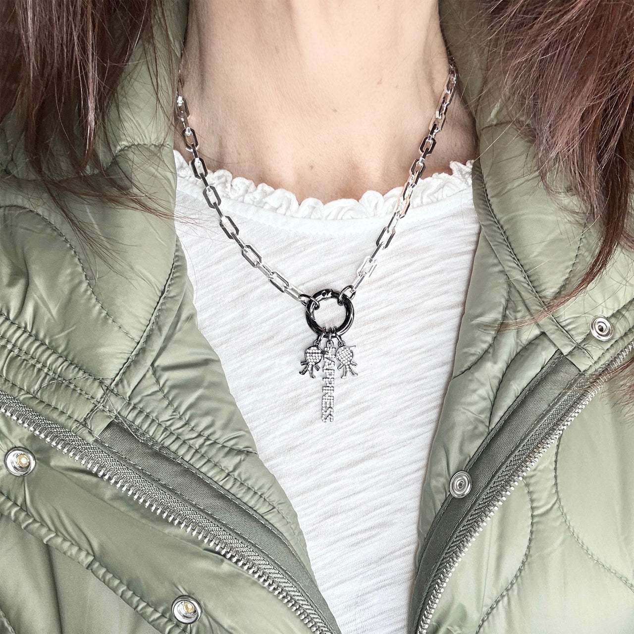 Love Lisa paperclip mom necklace worn layered with kids charms sentimental family jewelry