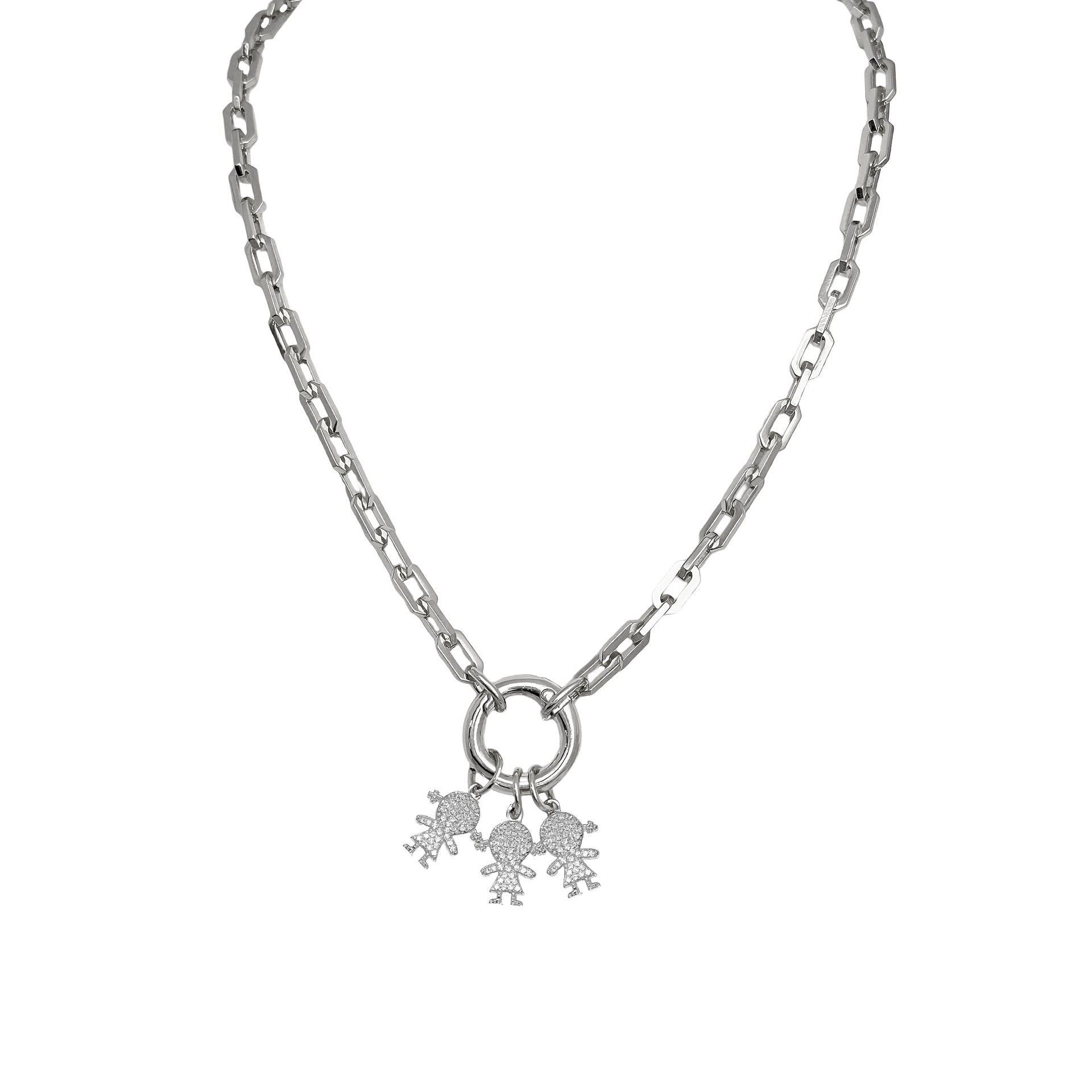 Veronica silver paperclip necklace with boy and girl charms personalized mom jewelry