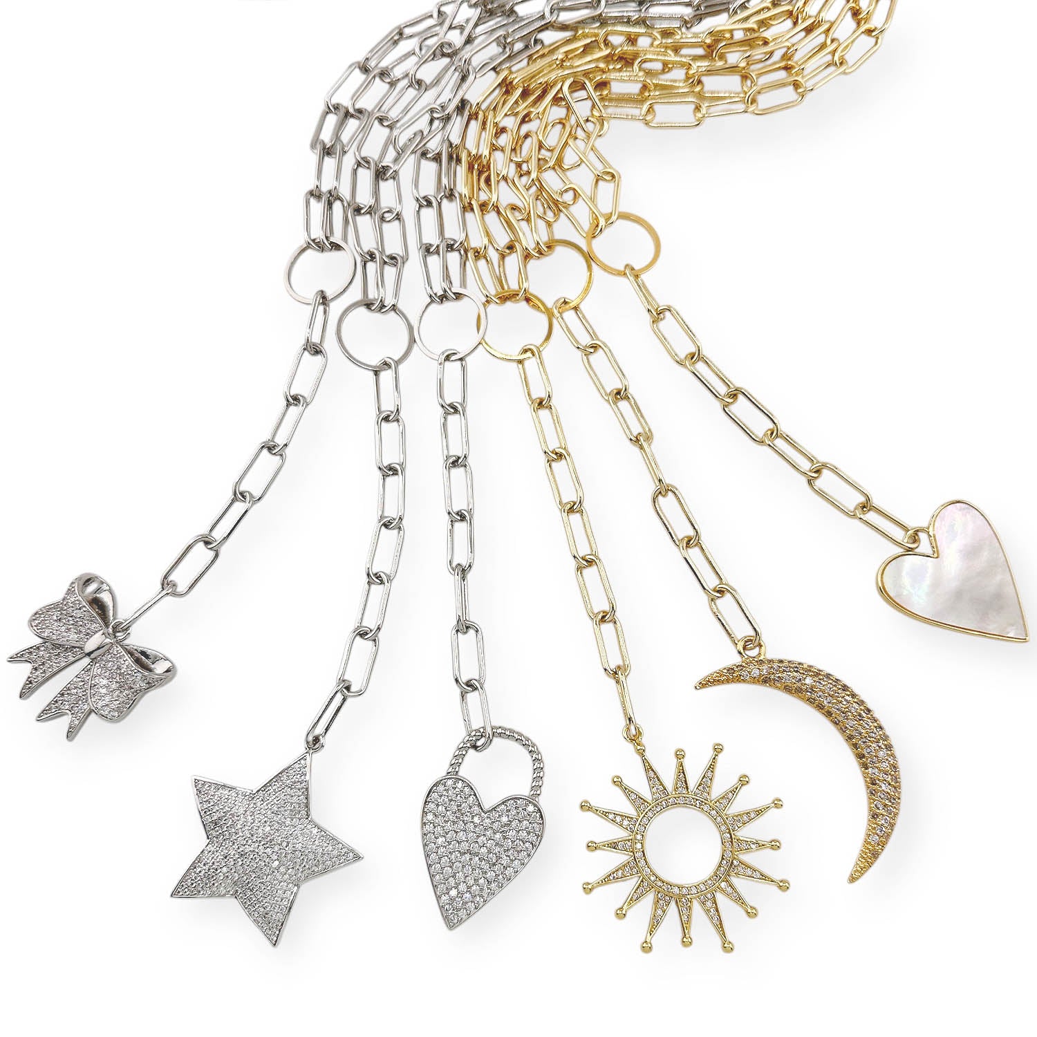 Gold and silver chain necklaces with various pendants on a white background
