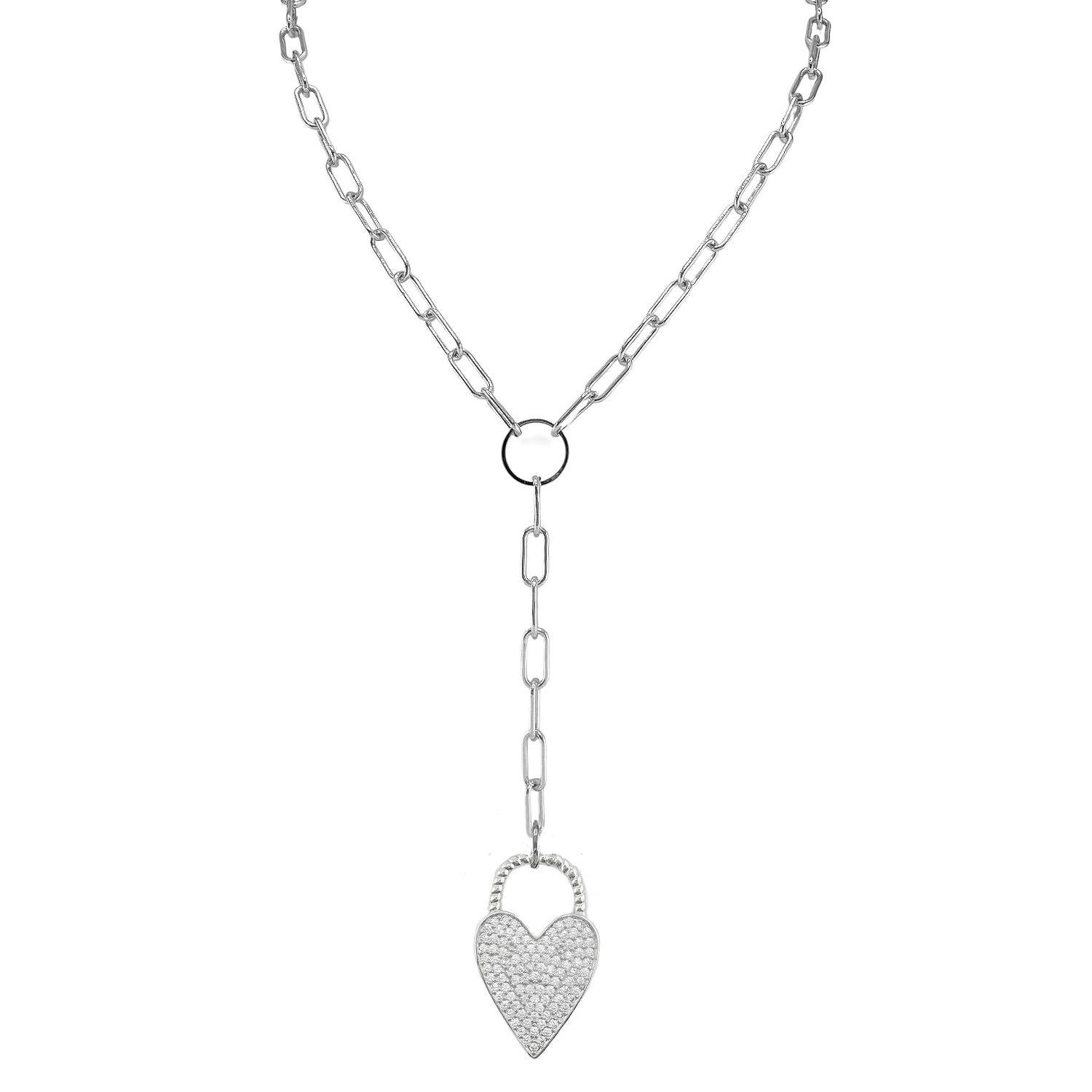 Silver necklace with a heart-shaped pendant on a white background