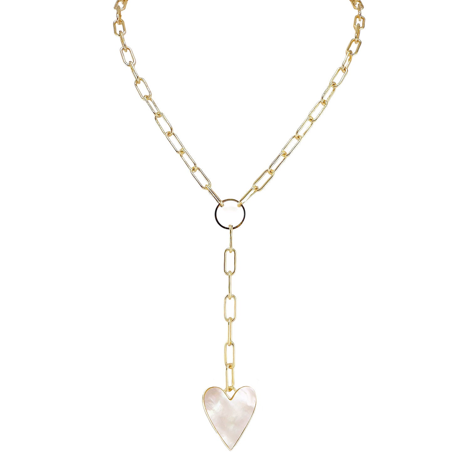 Gold chain necklace with a pearl heart-shaped pendant on a white background