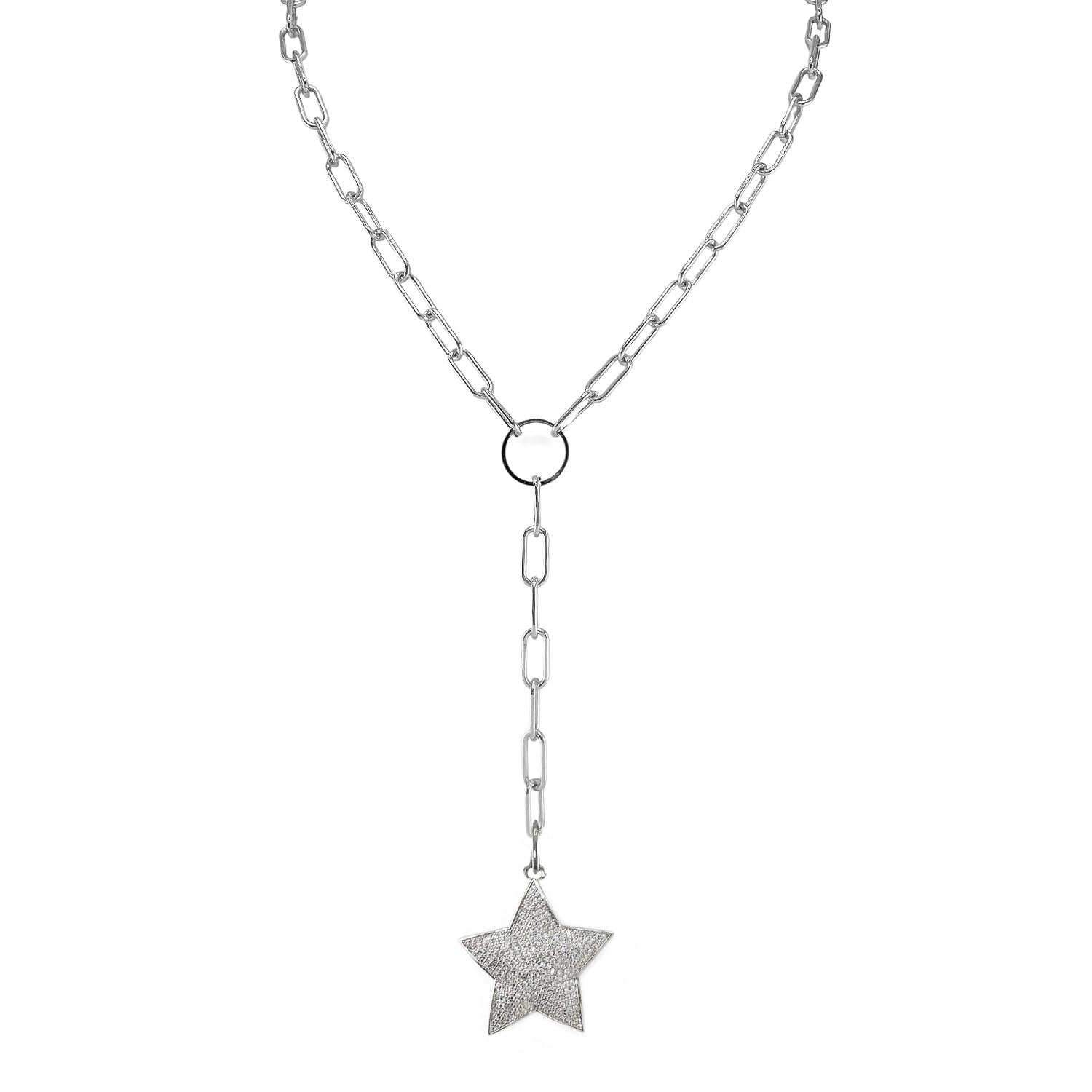Silver chain necklace with a star pendant on a white background
