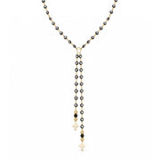 Vittoria Evil Eye & Howlite Quatrefoil Necklace in Black/Gold with two long dangling strands, sparkling beads, and howlite quatrefoil drops