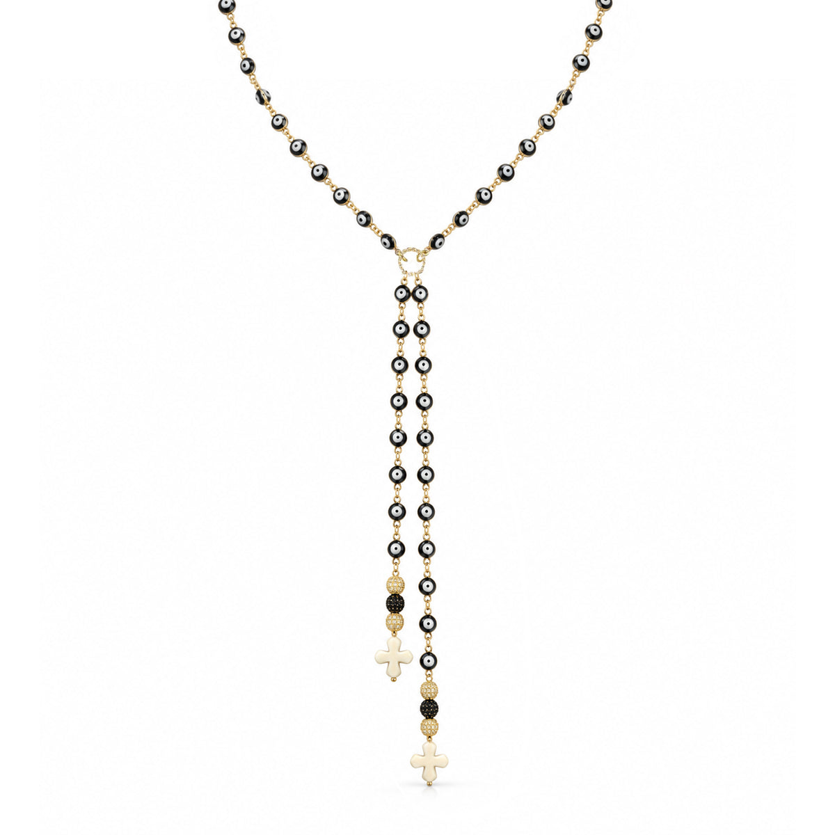 Vittoria Evil Eye & Howlite Quatrefoil Necklace in Black/Gold with two long dangling strands, sparkling beads, and howlite quatrefoil drops
