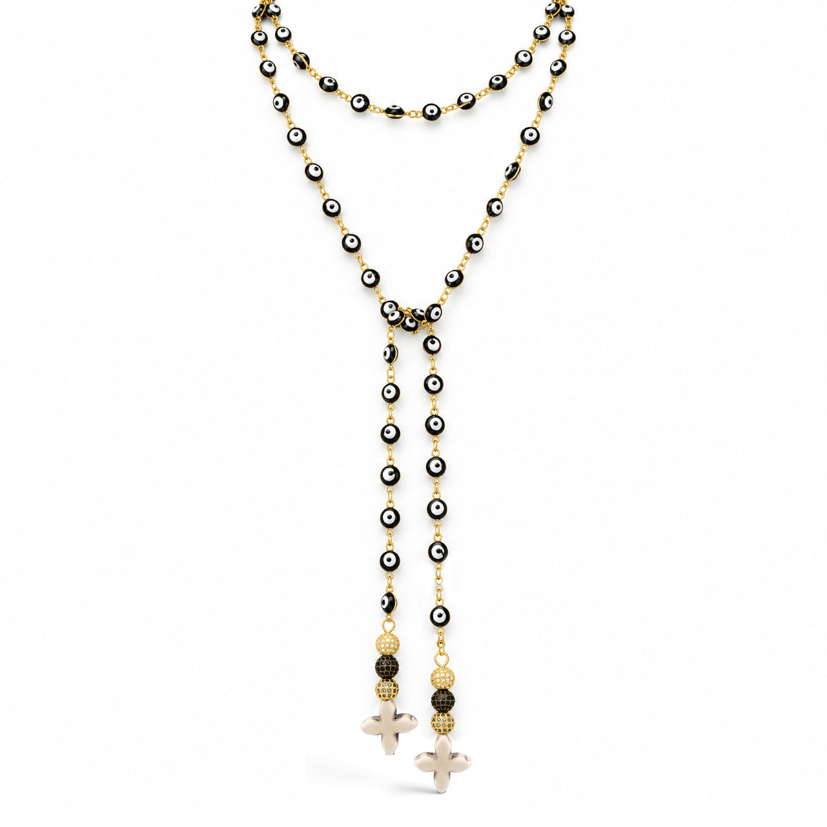 Love Lisa Vittoria Evil Eye & Howlite Quatrefoil Necklace in Black/Gold with evil eye beads, two dangling strands, sparkling accents, and cream howlite quatrefoil drops