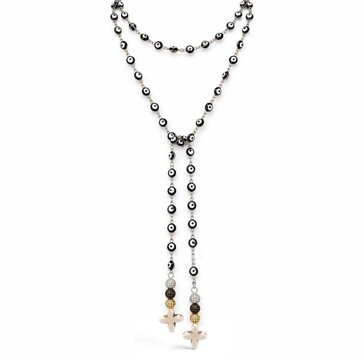 Vittoria Evil Eye & Howlite Quatrefoil Necklace in Black/Silver with evil eye beads, sparkling accents, and cream howlite quatrefoil drops