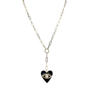 Necklace with a black heart-shaped pendant on a white background