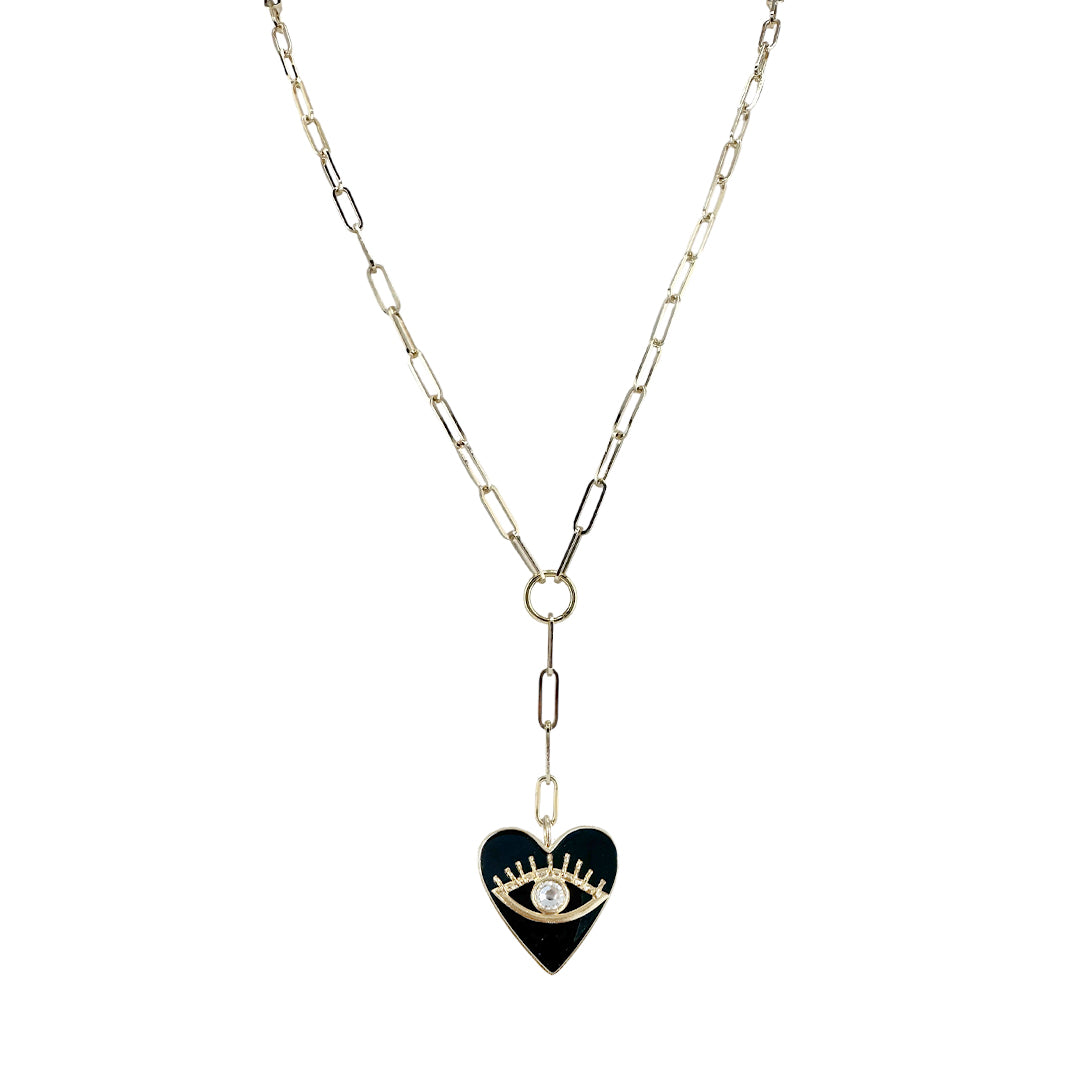 Necklace with a black heart-shaped pendant on a white background