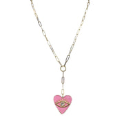 Necklace with a pink heart-shaped pendant on a white background
