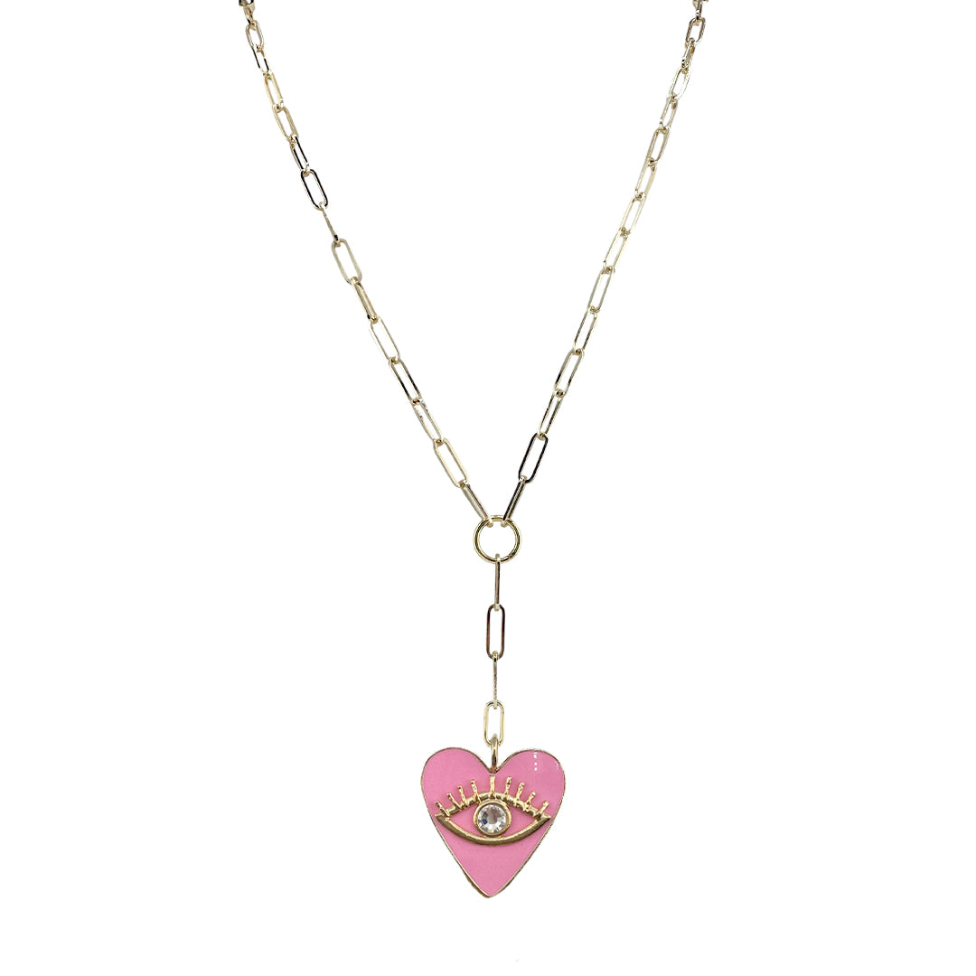 Necklace with a pink heart-shaped pendant on a white background