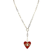 Necklace with a red heart-shaped pendant featuring an eye design on a white background