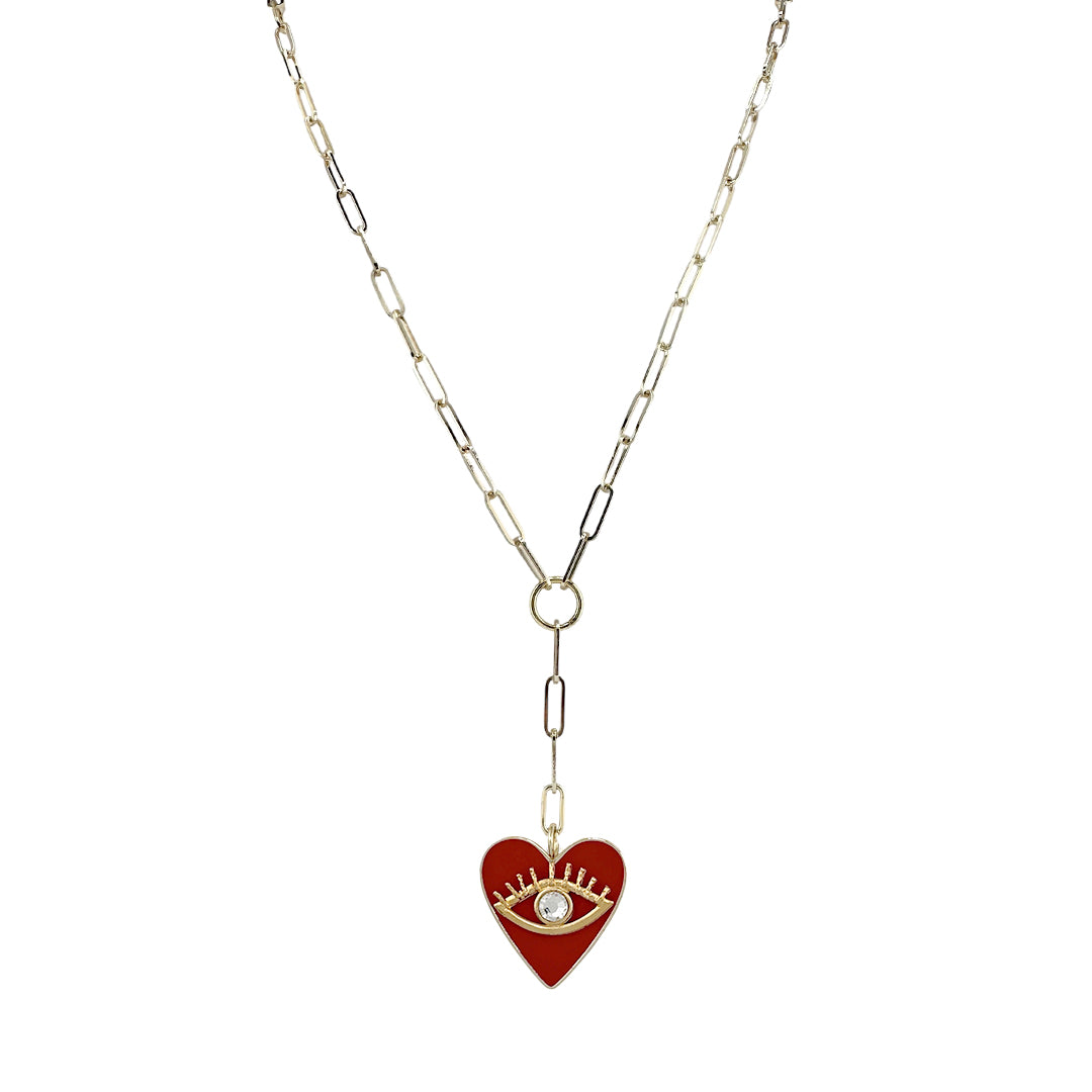 Necklace with a red heart-shaped pendant featuring an eye design on a white background