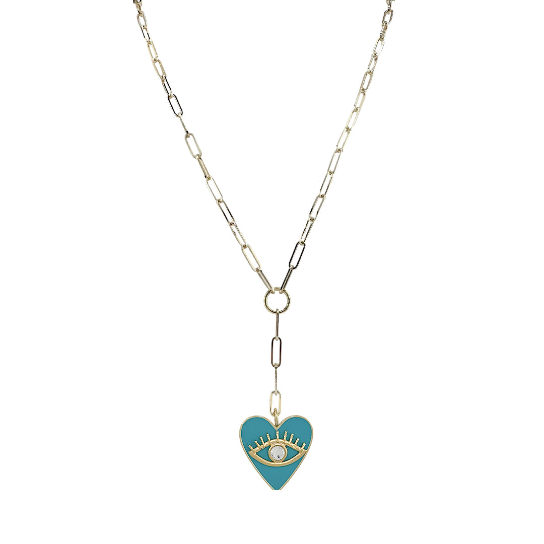 Necklace with a blue heart-shaped pendant on a white background