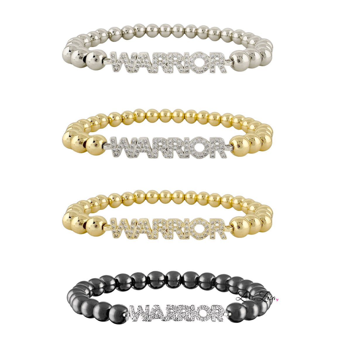 Love Lisa WARRIOR Breast Cancer Awareness Word Bracelet in multiple finishes with polished metal beads and pave WARRIOR centerpiece