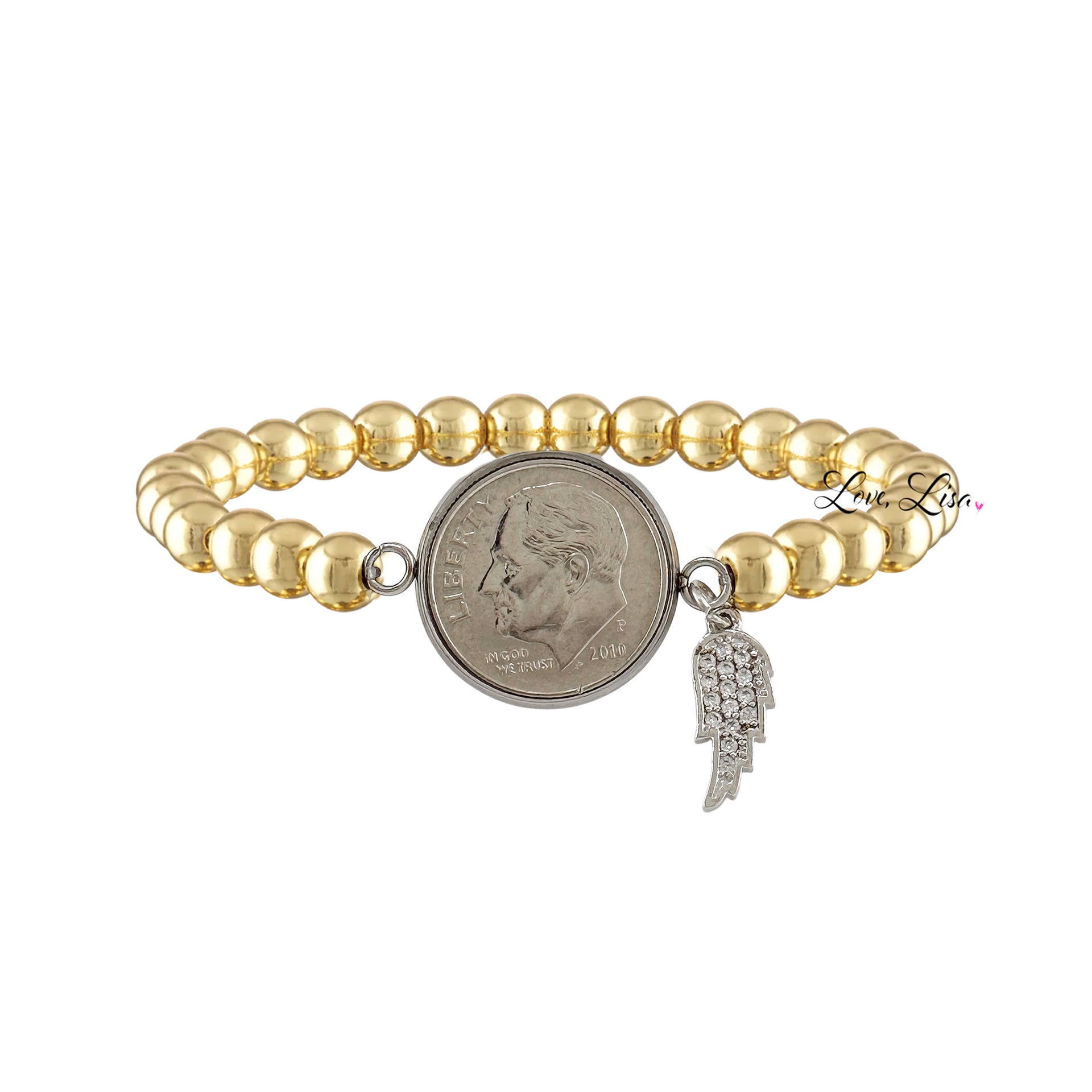 Wings Wishes Dime Bracelet with angel wing and dime charm in gold

