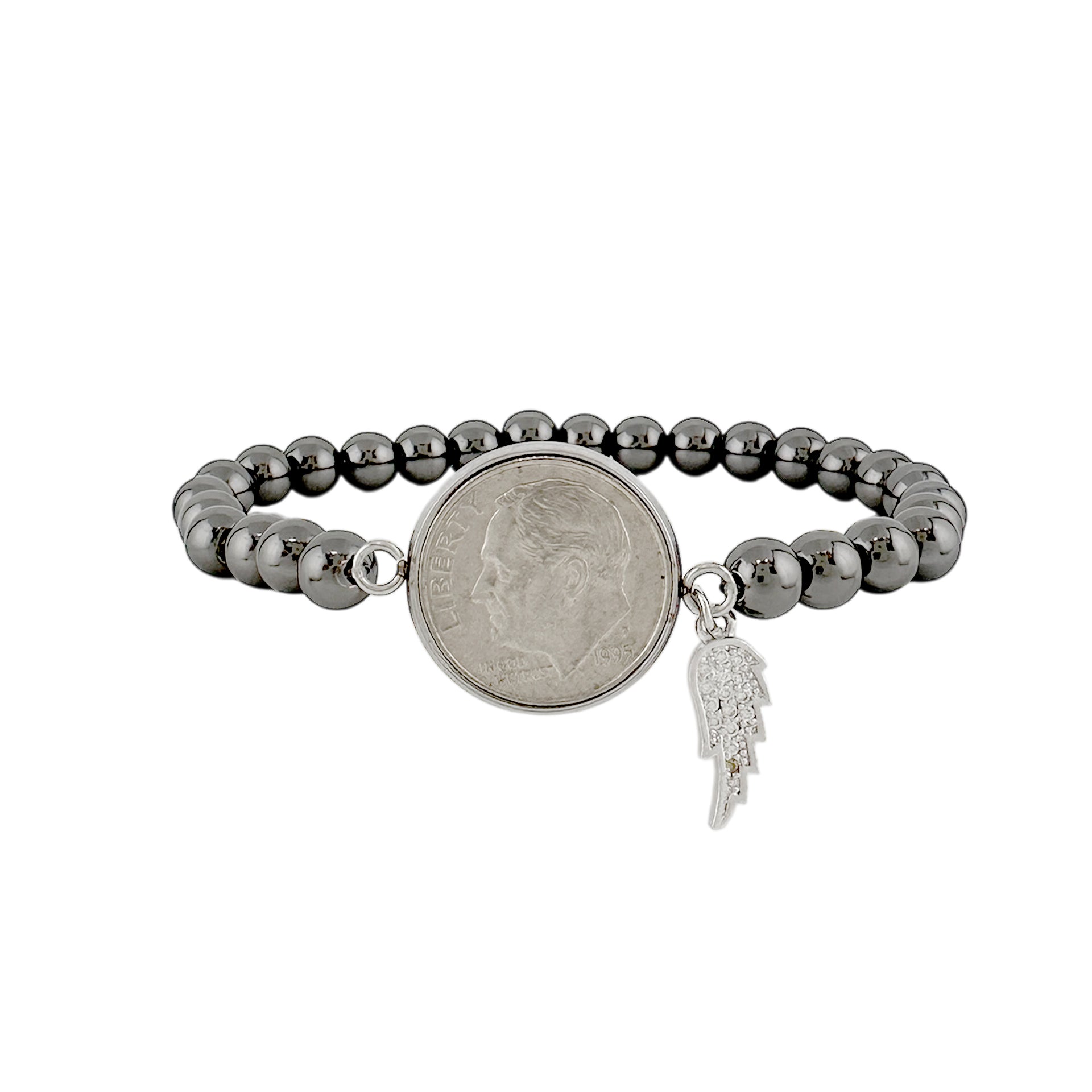 Wings & Wishes Dime Bracelet with angel wing and dime charm in gold, silver, and gunmetal

