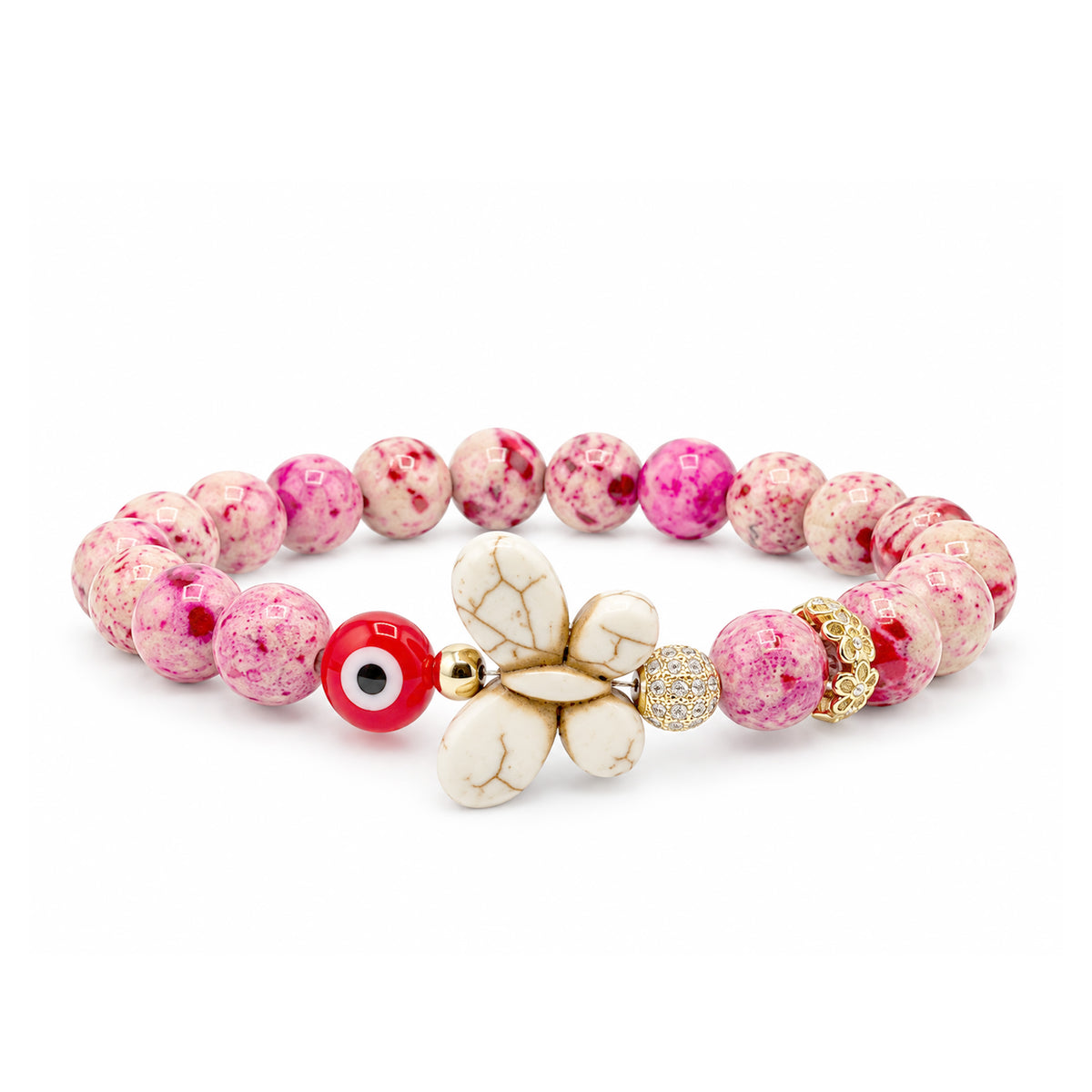 Love Lisa Wish & Wonder Butterfly Sea Sediment Jasper Bracelet in Love with pink and red beads, white howlite butterfly, evil eye bead, pavé crystal bead, and gold-tone crystal flower accent bead