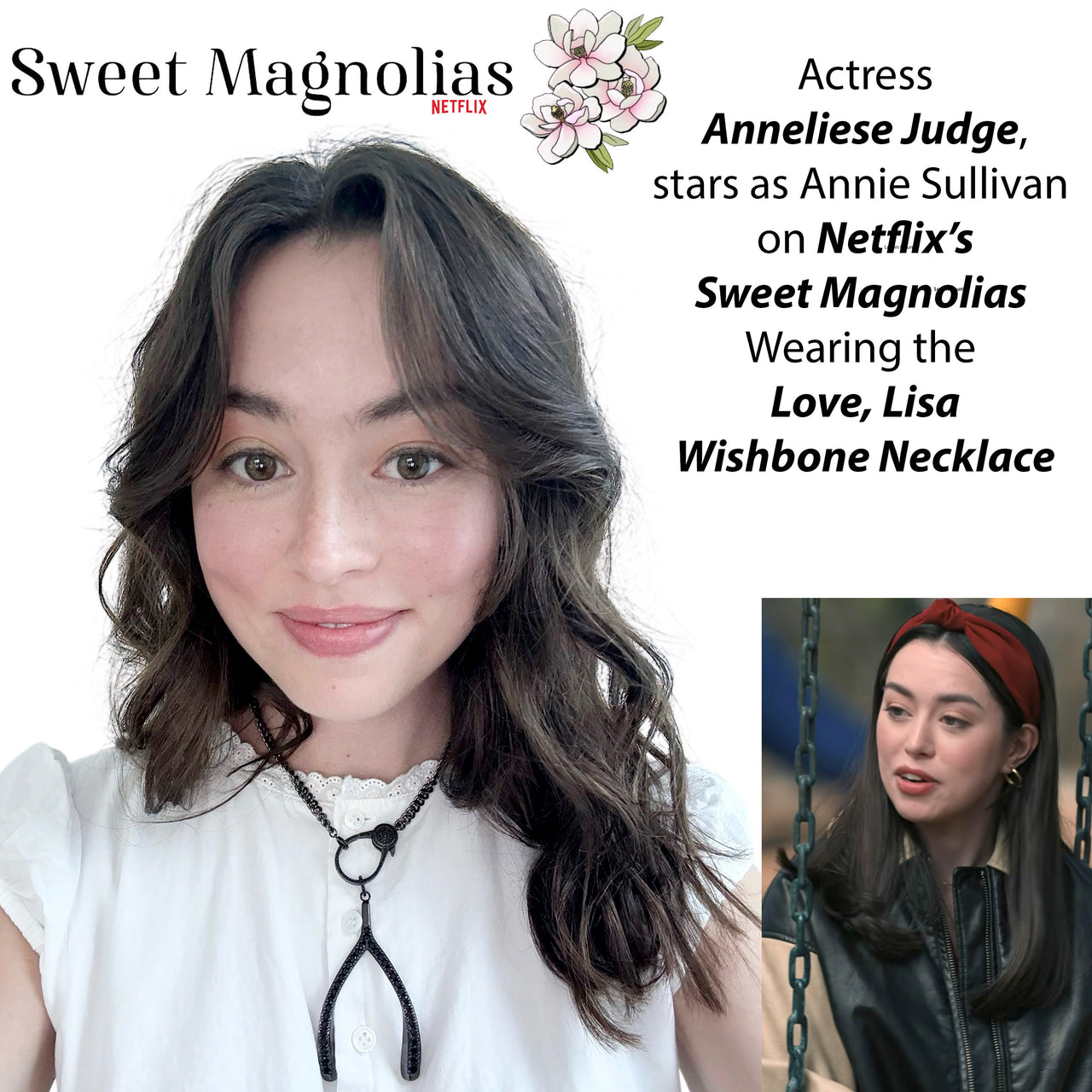 Love Lisa wishbone sparkle charm necklace worn by Annaliese Judge Sweet Magnolias