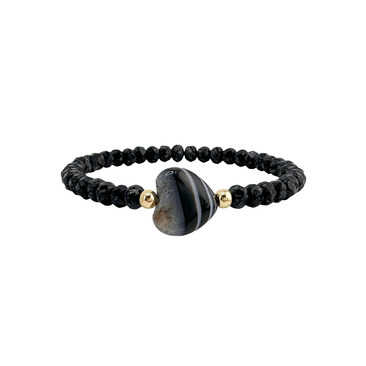 Love Lisa Worry Stone Harper Bracelet in Black with faceted crystal beads, gold-tone accents, and heart-shaped worry stone focal bead