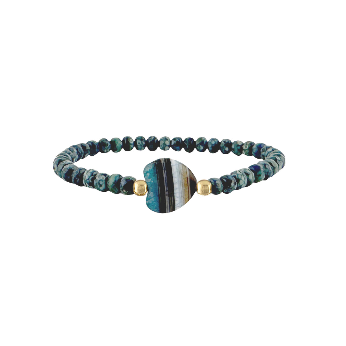 Worry Stone Harper Bracelet in Mystic Lagoon with faceted crystal beads, gold-tone accents, and heart-shaped worry stone focal bead