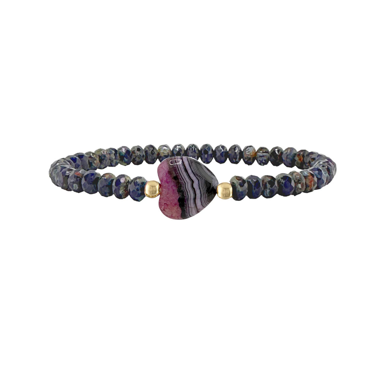 Worry Stone Harper Bracelet in Navy with faceted crystal beads, gold-tone accents, and heart-shaped worry stone focal bead