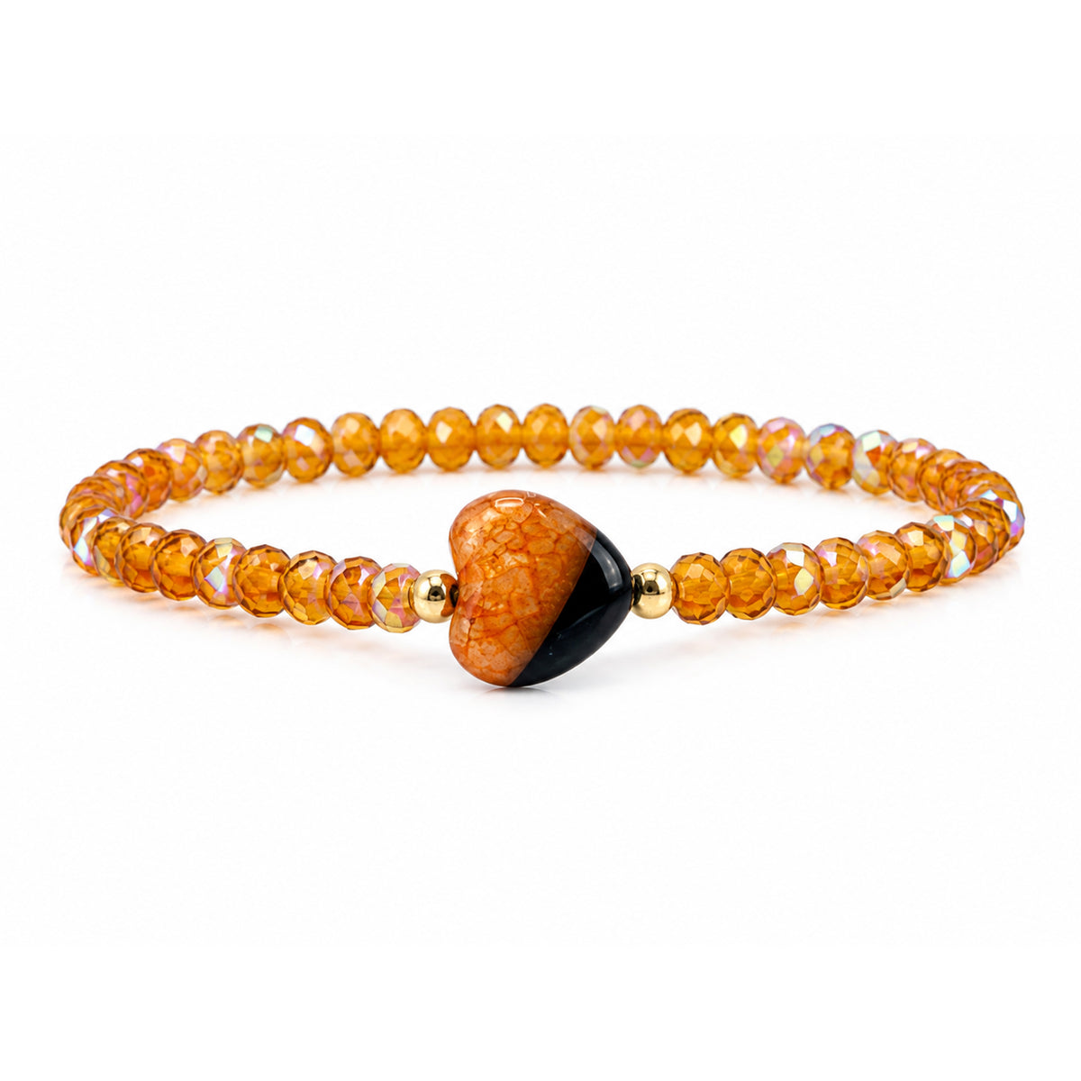 Love Lisa Worry Stone Harper Bracelet in Orange with faceted crystal beads, gold-tone accents, and heart-shaped worry stone focal bead