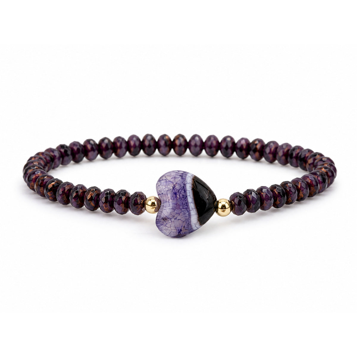 Worry Stone Harper Bracelet in Purple with faceted crystal beads, gold-tone accents, and heart-shaped worry stone focal bead