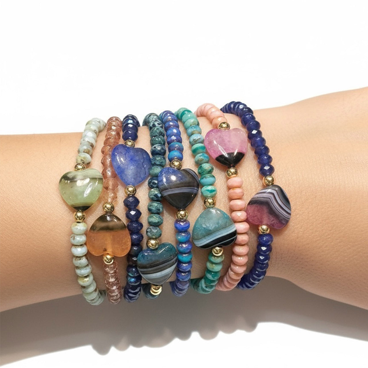Stack of Love Lisa Harper Heart Worry stone Bracelets in assorted calming gemstone colors