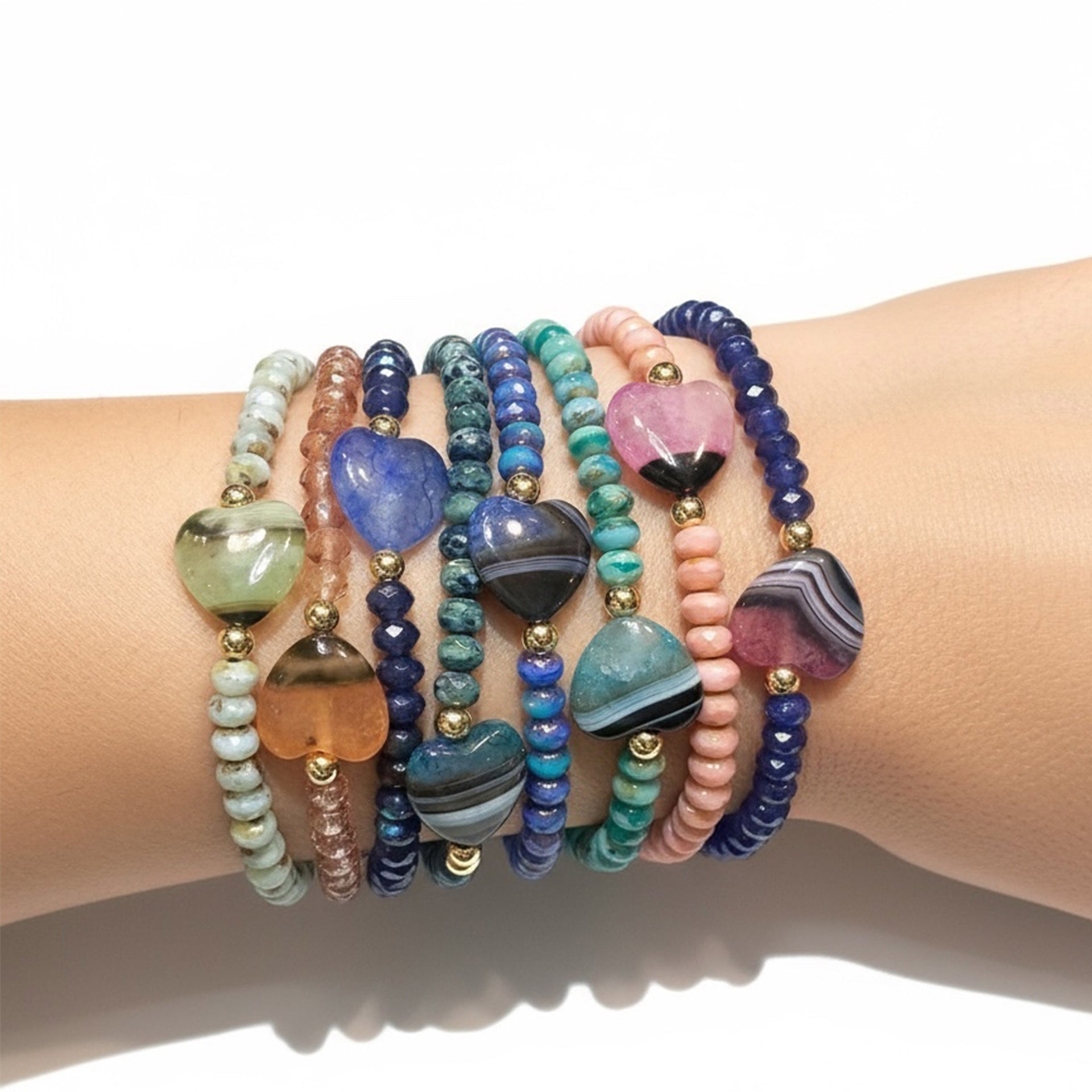 Stack of Love Lisa Harper Heart Worry stone Bracelets in assorted calming gemstone colors